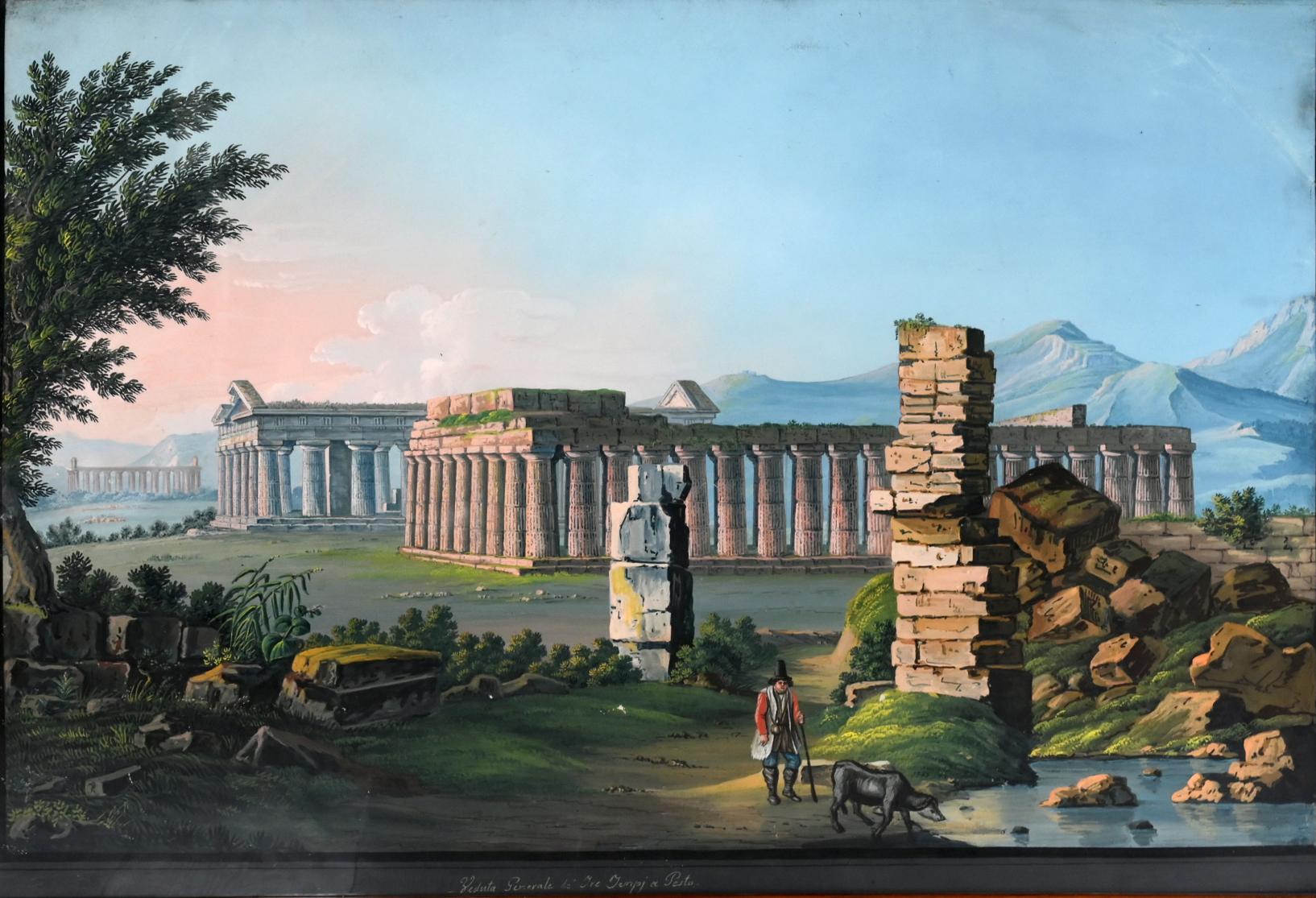 Paestum Gouache, early 19th century, original walnut frame, Grand Tour, original hand painted Gouache with fresh colors and the original frame with inlaid work, unsigned.