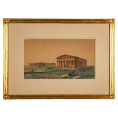 Paestum Ruins Watercolor Painting, Signed, Gilt Wood Frame, Italian Circa 1900