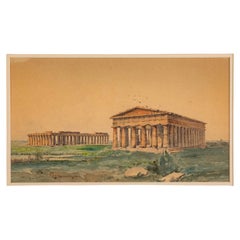 Paestum Ruins Watercolor Painting, Signed, Gilt Wood Frame, Italian Circa 1900