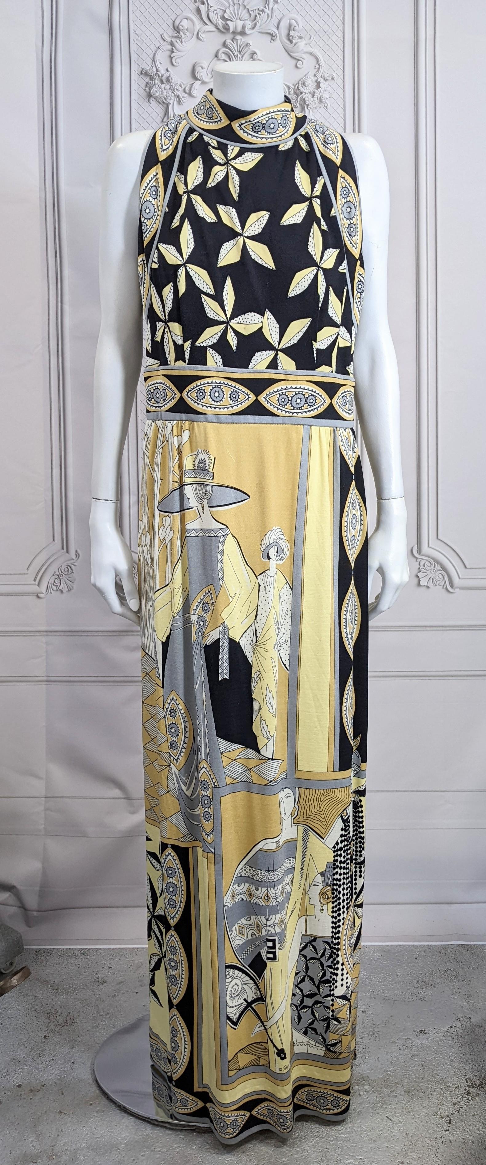 Paganne by Gene Berk Gown from the 1970's in synthetic knit with a placed print of French Art Deco Fashion Designs on skirt. High neck, cut away armholes with black, white, grey and tonal yellow print with left side slit. 
Vintage size 14, Modern