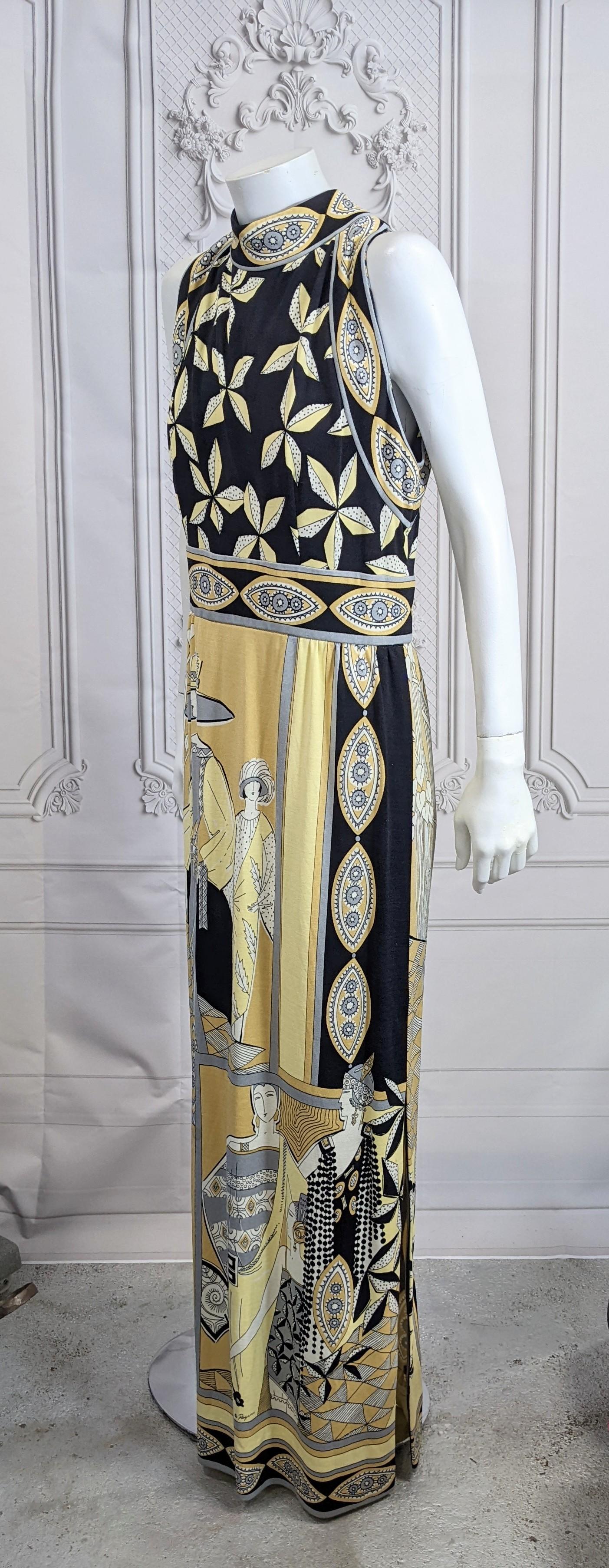 Brown Paganne Art Deco Print Gown For Sale