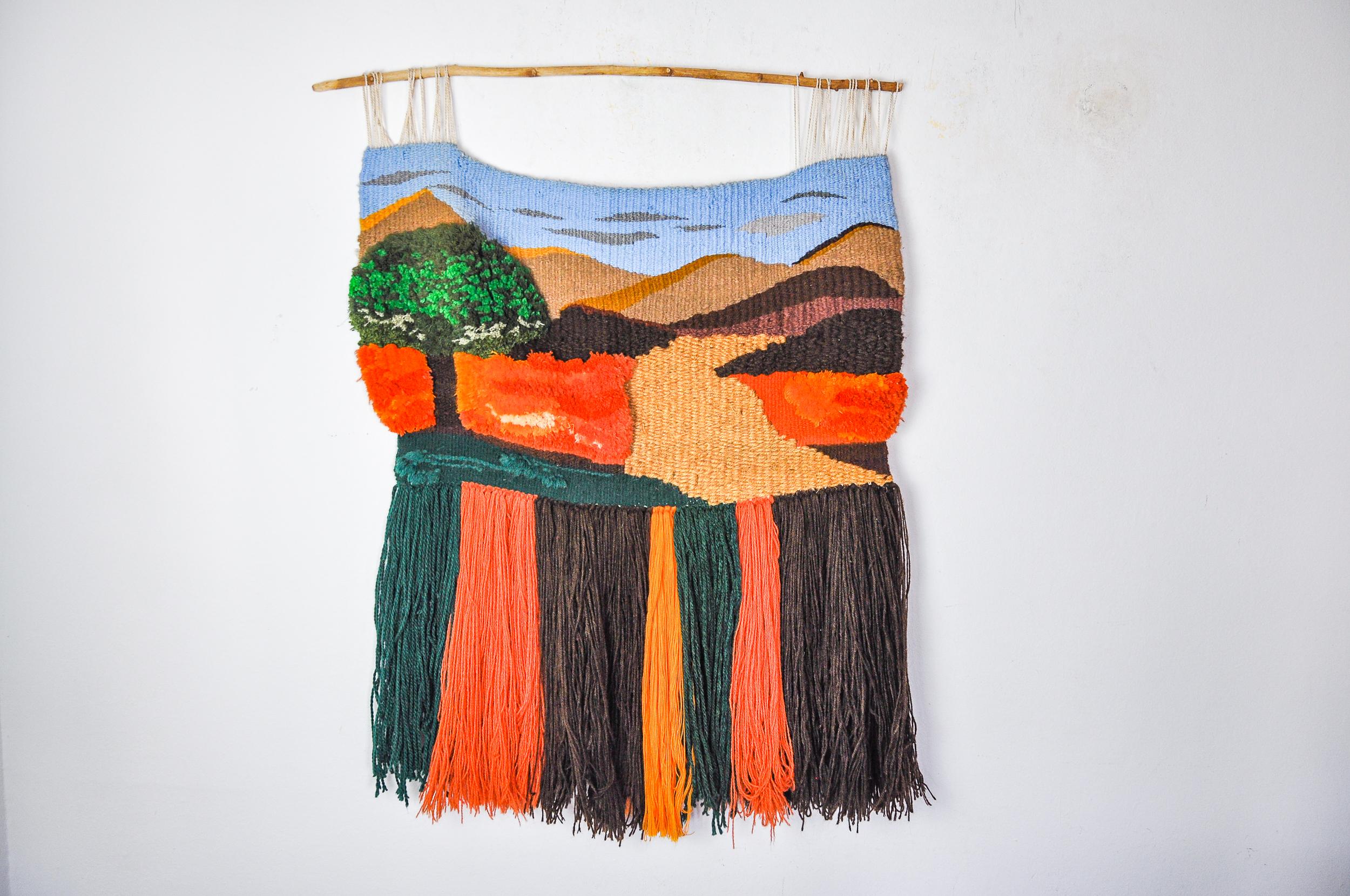 Superb macramé wall tapestry, Spain, 1970s. Handmade tapestry composed of different textures and materials creating unique patterns and reliefs representing a Catalan mountain landscape. All the ropes and threads were made and assembled one by one