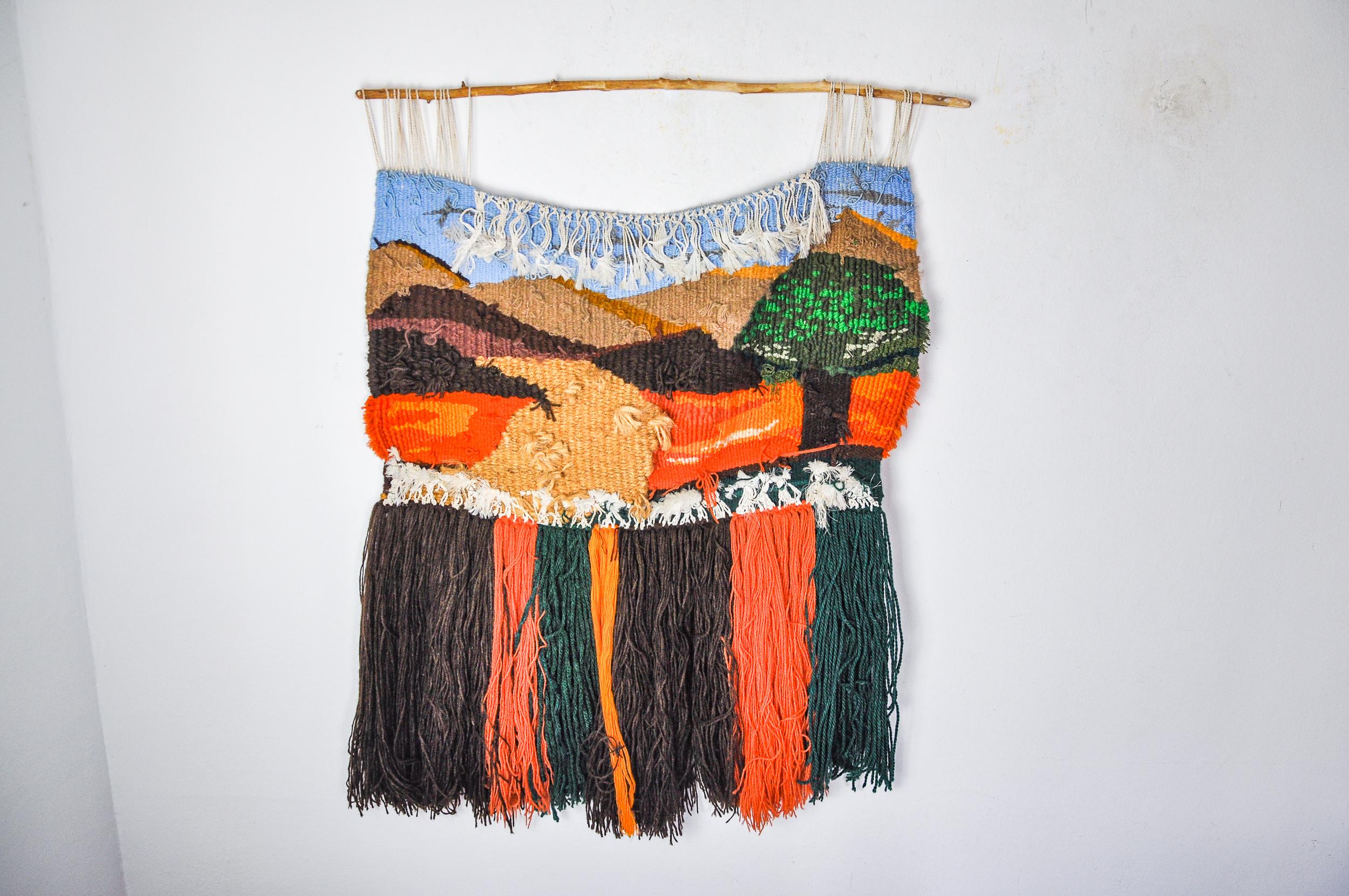 Wool Page 1 of 9 Macrame textured wall hanging, Catalan landscape, Spain, 1970s For Sale