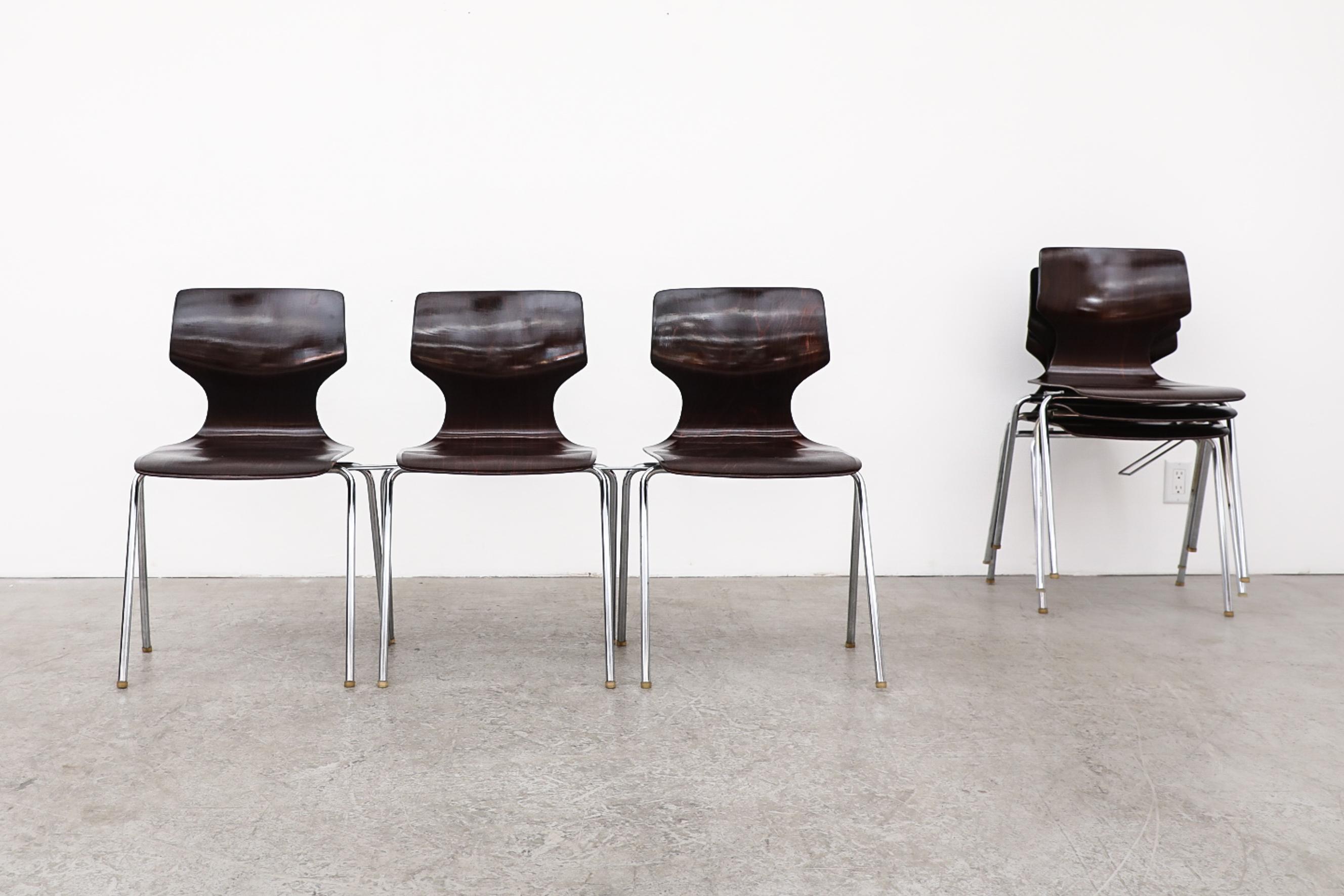 German Pagholz Flötotto Dark Brown Wingback Stacking Chairs with Chrome Legs, 1970s For Sale
