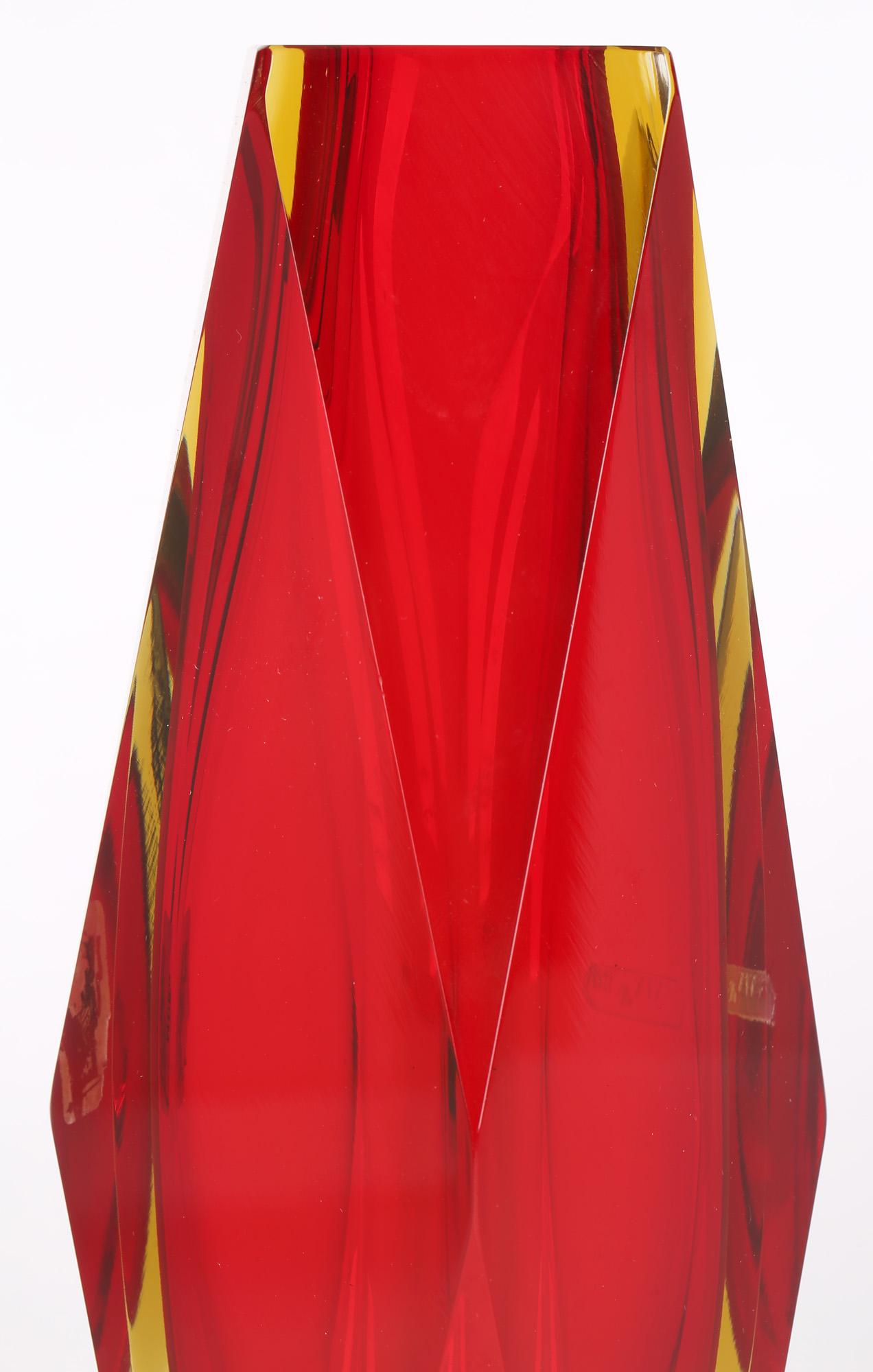 Pagnin & Bon Italian Murano Red and Yellow Sommerso Facet Cut Glass Vase For Sale 1