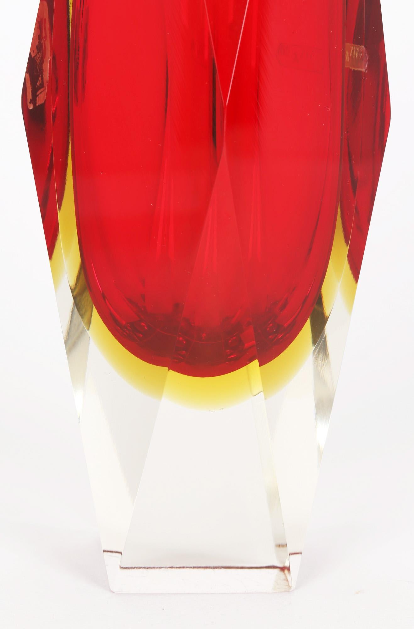Pagnin & Bon Italian Murano Red and Yellow Sommerso Facet Cut Glass Vase For Sale 2