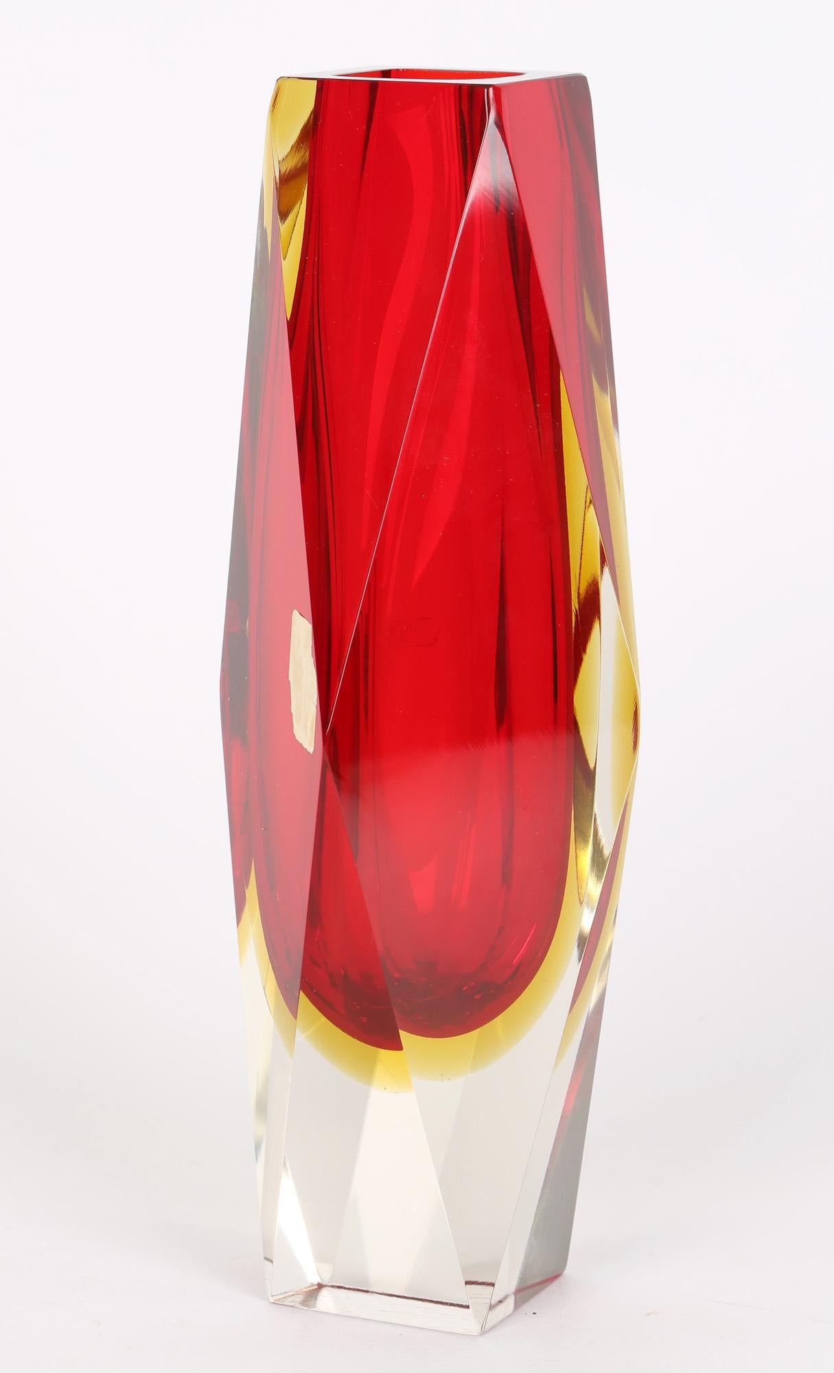 Pagnin & Bon Italian Murano Red and Yellow Sommerso Facet Cut Glass Vase For Sale 4