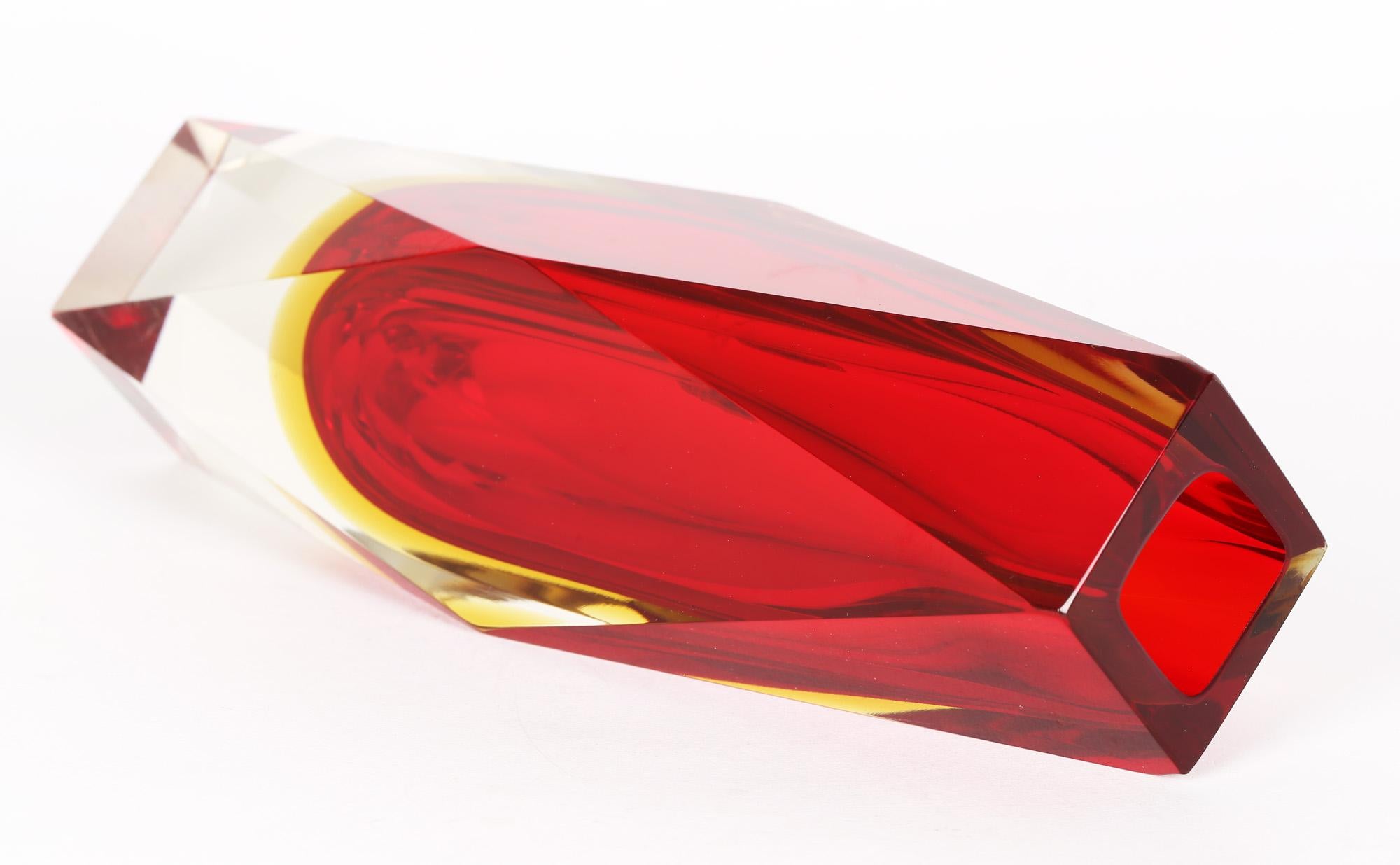 Pagnin & Bon Italian Murano Red and Yellow Sommerso Facet Cut Glass Vase For Sale 5