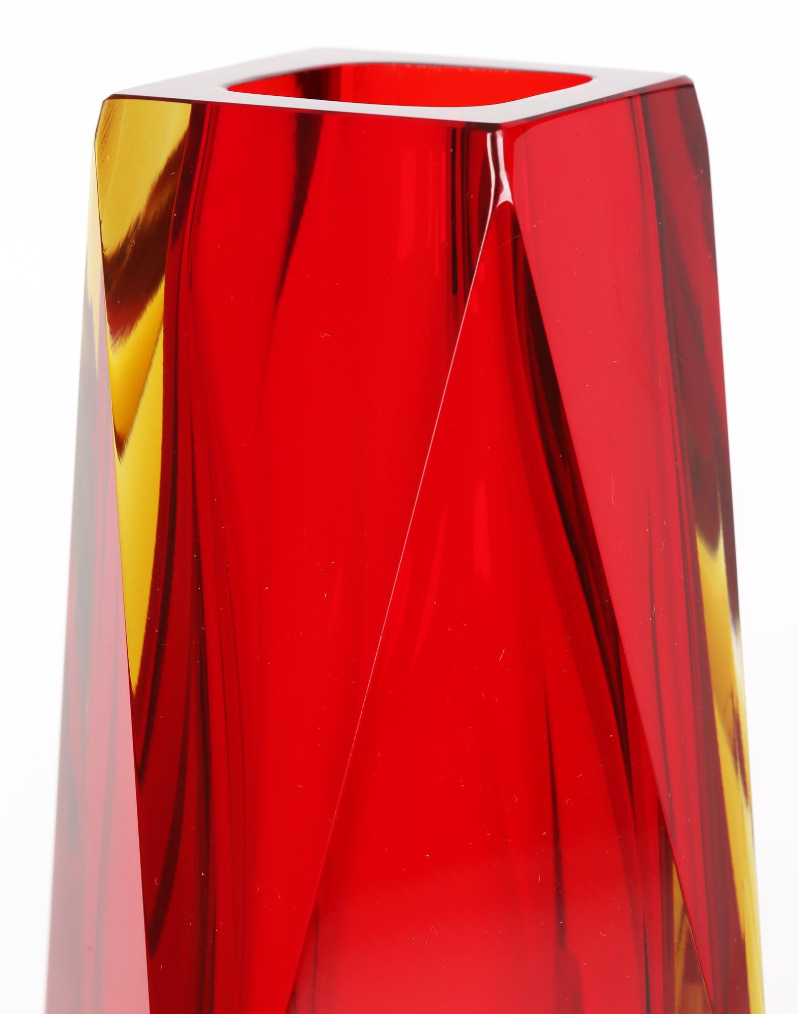 Pagnin & Bon Italian Murano Red and Yellow Sommerso Facet Cut Glass Vase For Sale 5