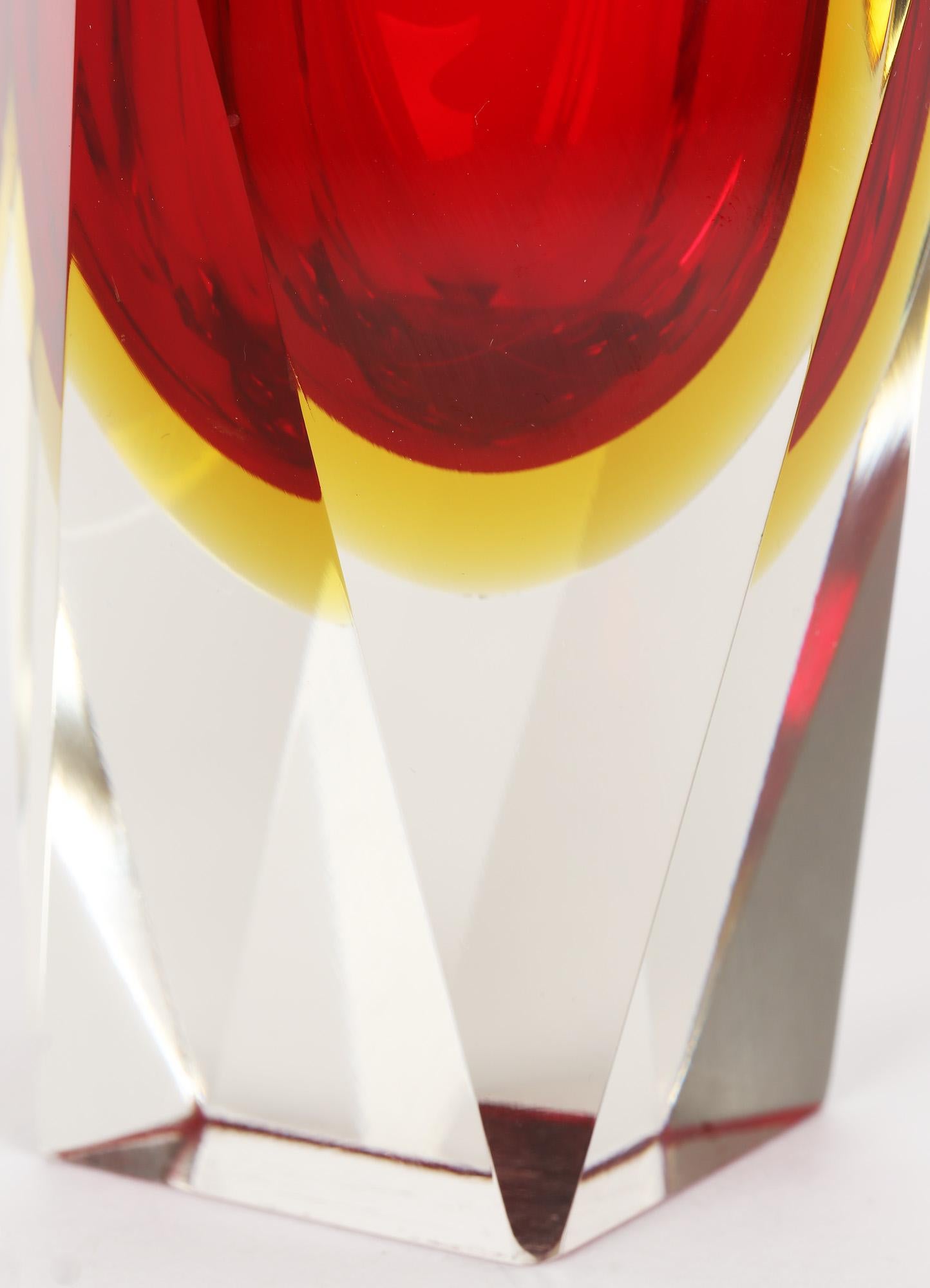 Pagnin & Bon Italian Murano Red and Yellow Sommerso Facet Cut Glass Vase For Sale 6