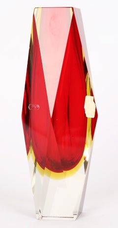 Pagnin & Bon Italian Murano Red and Yellow Sommerso Facet Cut Glass Vase