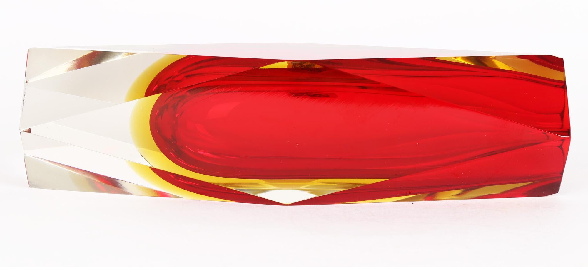 Mid-Century Modern Pagnin & Bon Italian Murano Red and Yellow Sommerso Facet Cut Glass Vase For Sale