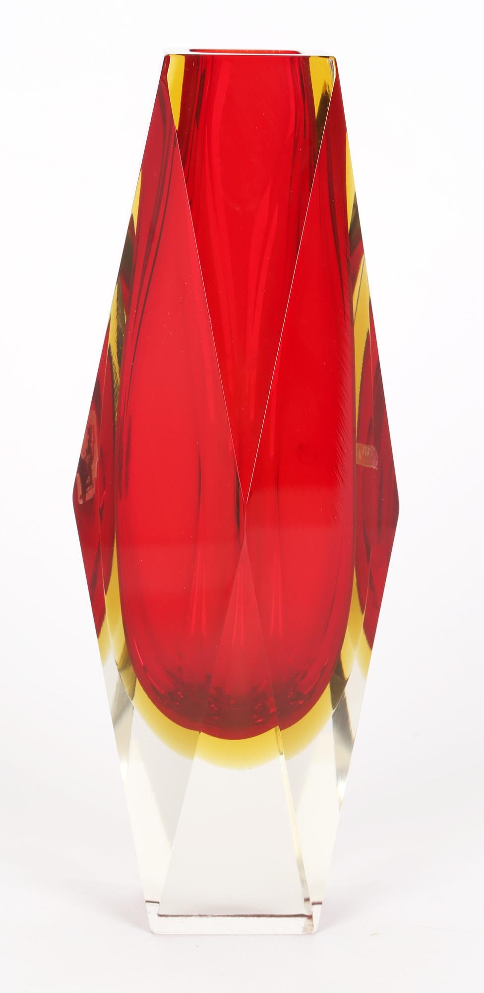 Pagnin & Bon Italian Murano Red and Yellow Sommerso Facet Cut Glass Vase For Sale 1