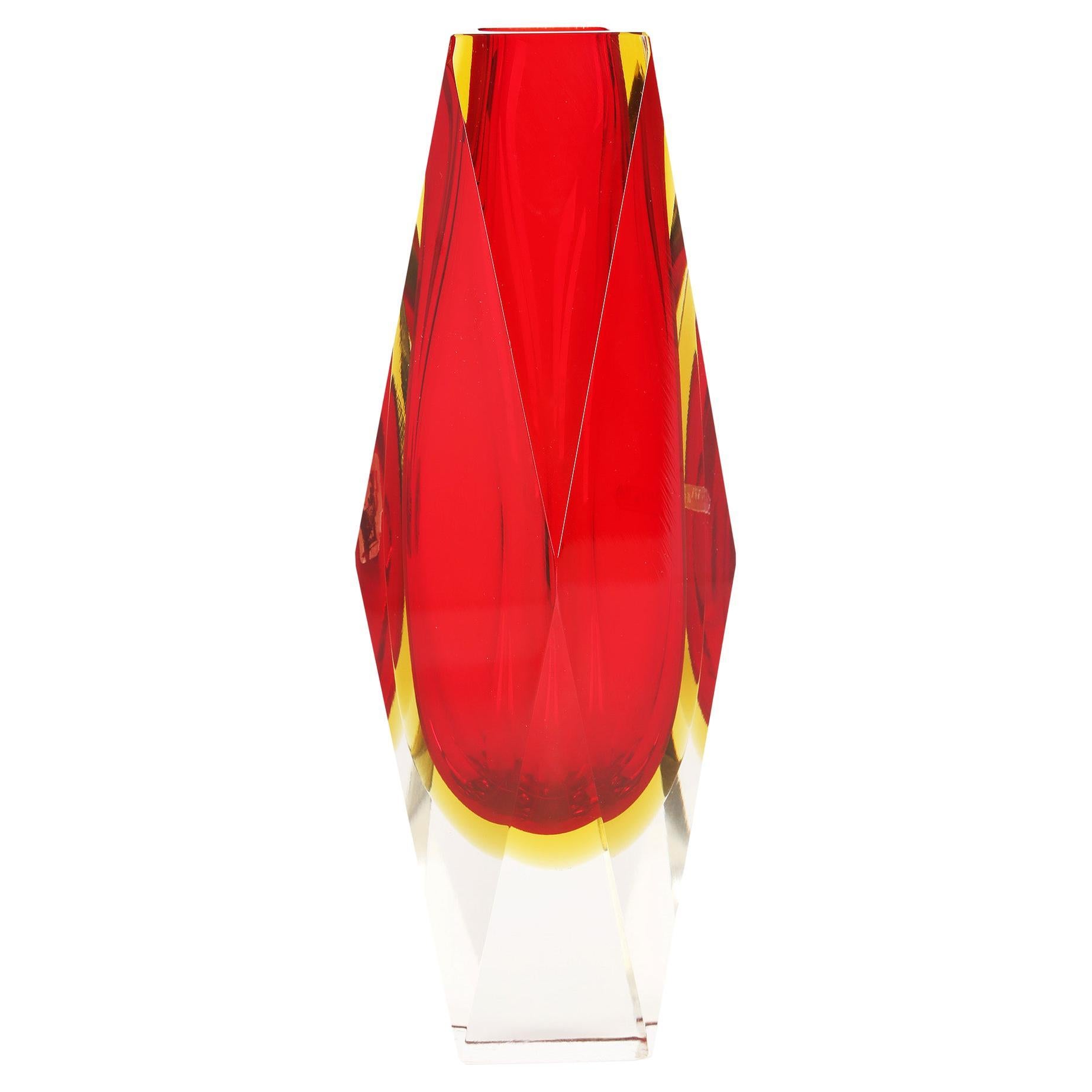 Pagnin & Bon Italian Murano Red and Yellow Sommerso Facet Cut Glass Vase