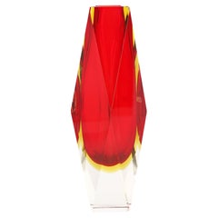 Vintage Pagnin & Bon Italian Murano Red and Yellow Sommerso Facet Cut Glass Vase