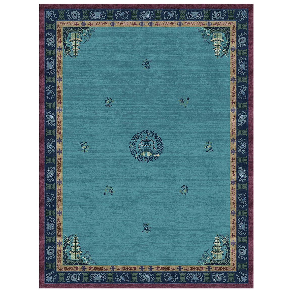 Temple Ceremony Chinese Blue Traditional Oriental Hand Knotted Wool