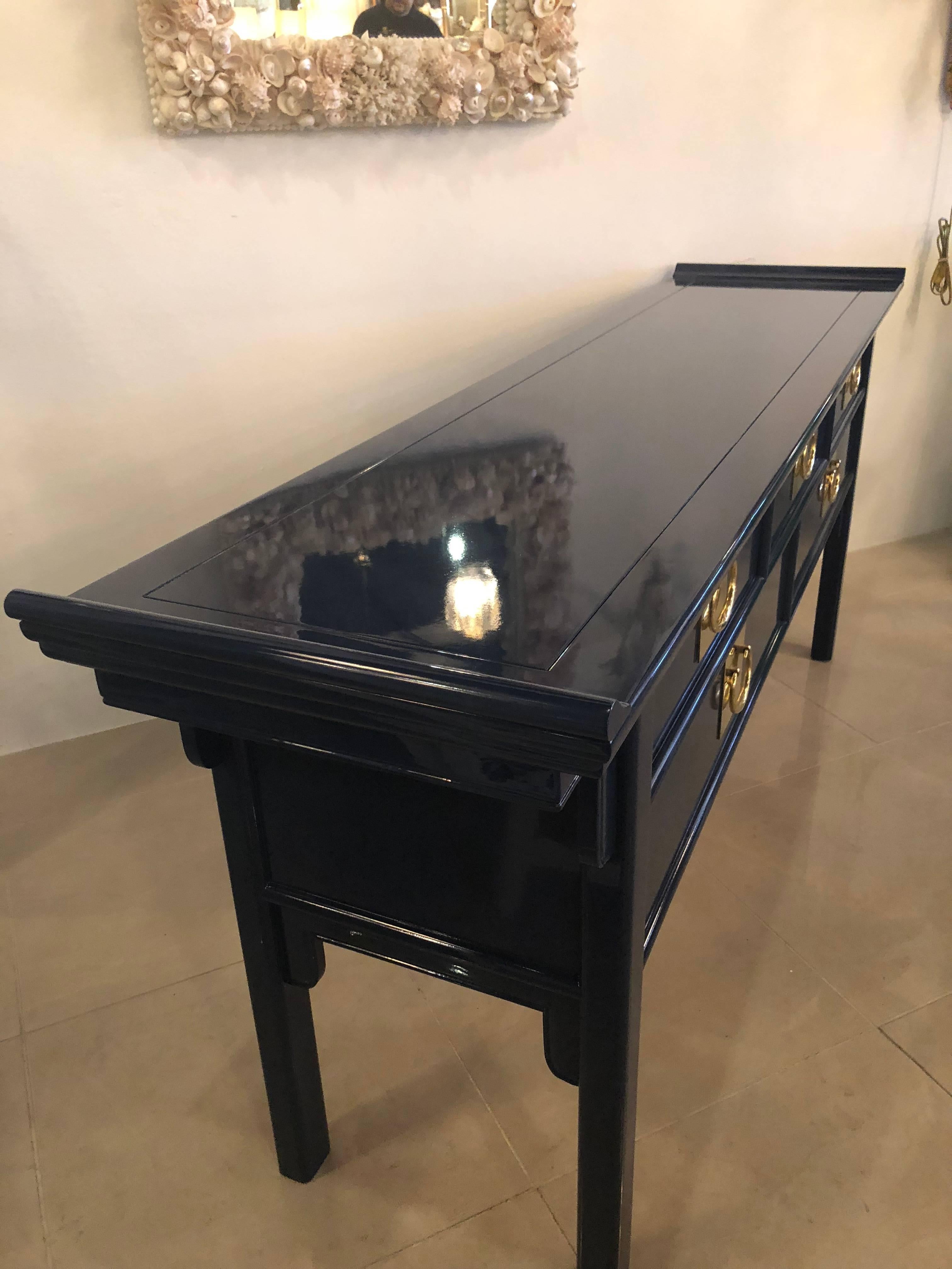 Pagoda Console Table by Century Newly Lacquered Navy Blue Brass Pulls 3