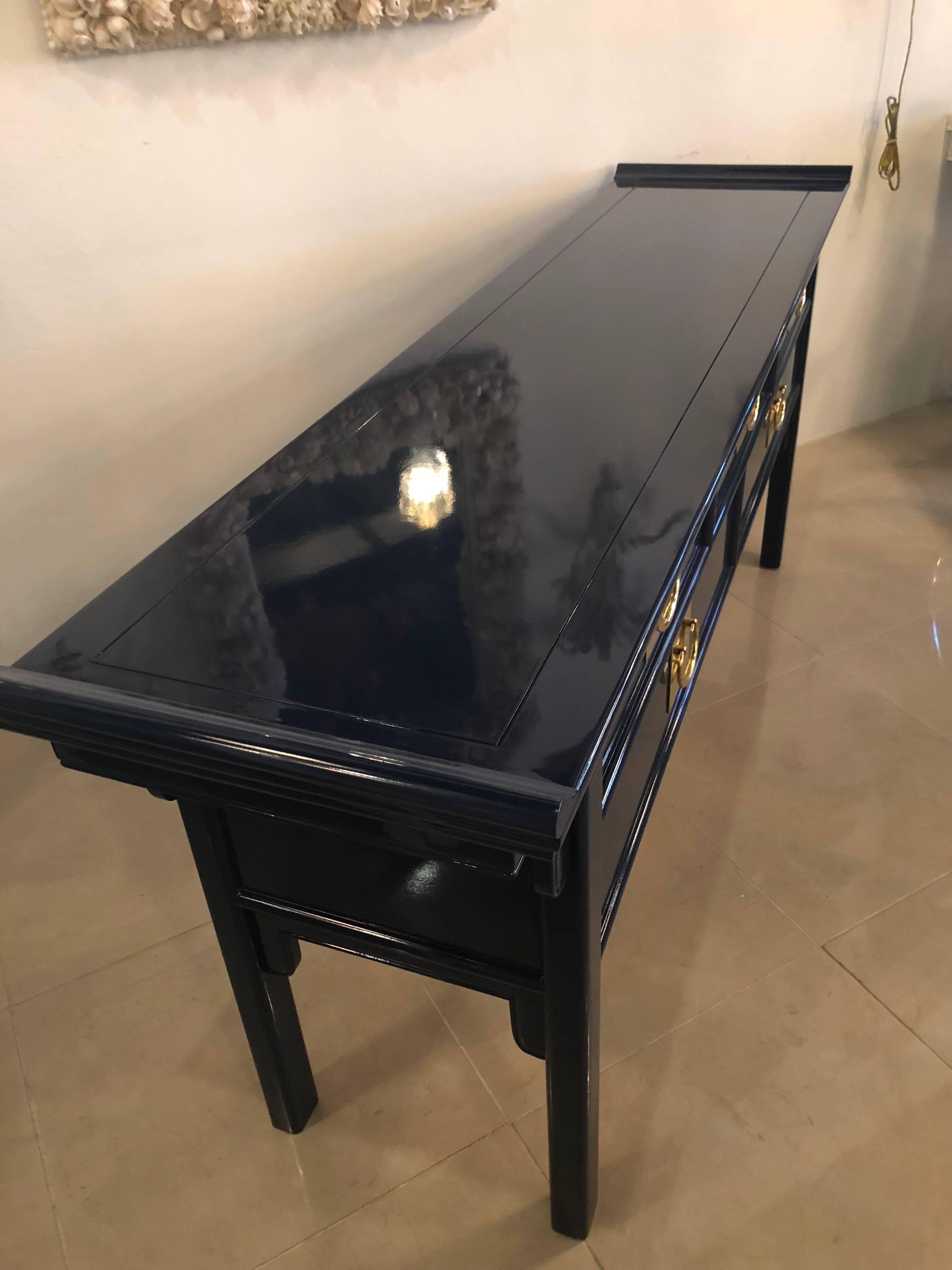 Pagoda Console Table by Century Newly Lacquered Navy Blue Brass Pulls 4