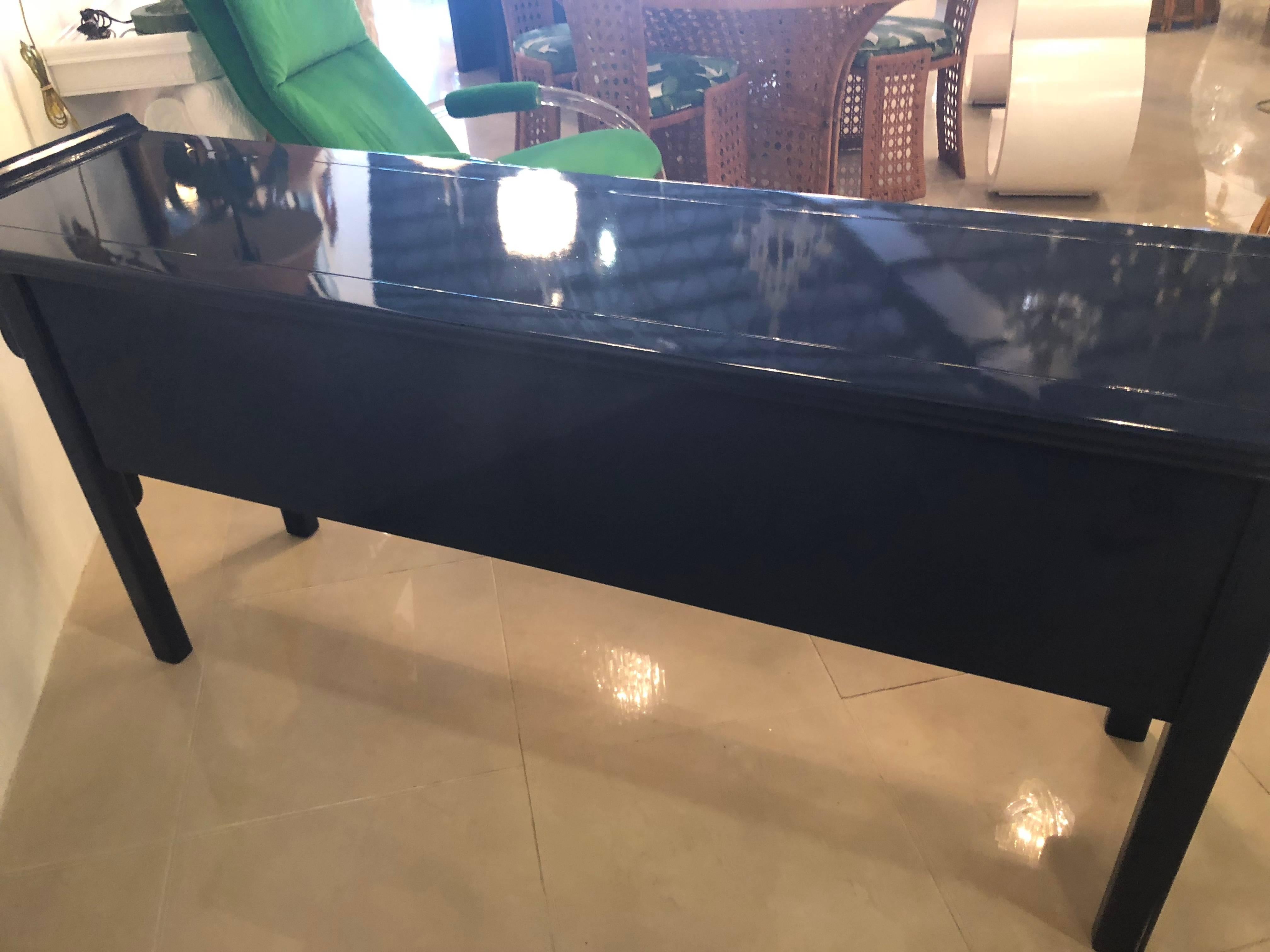 Pagoda Console Table by Century Newly Lacquered Navy Blue Brass Pulls 5