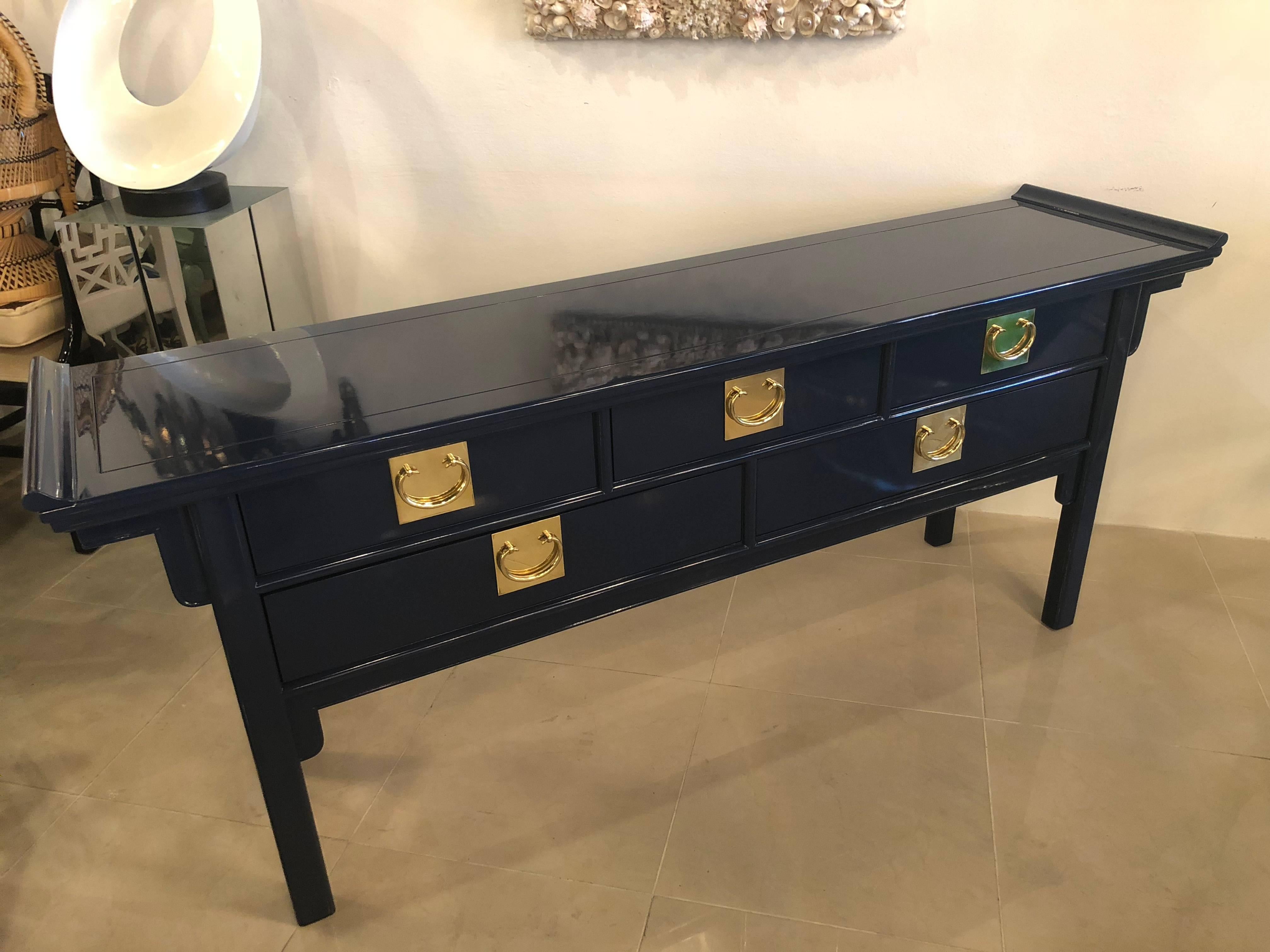 Hollywood Regency Pagoda Console Table by Century Newly Lacquered Navy Blue Brass Pulls