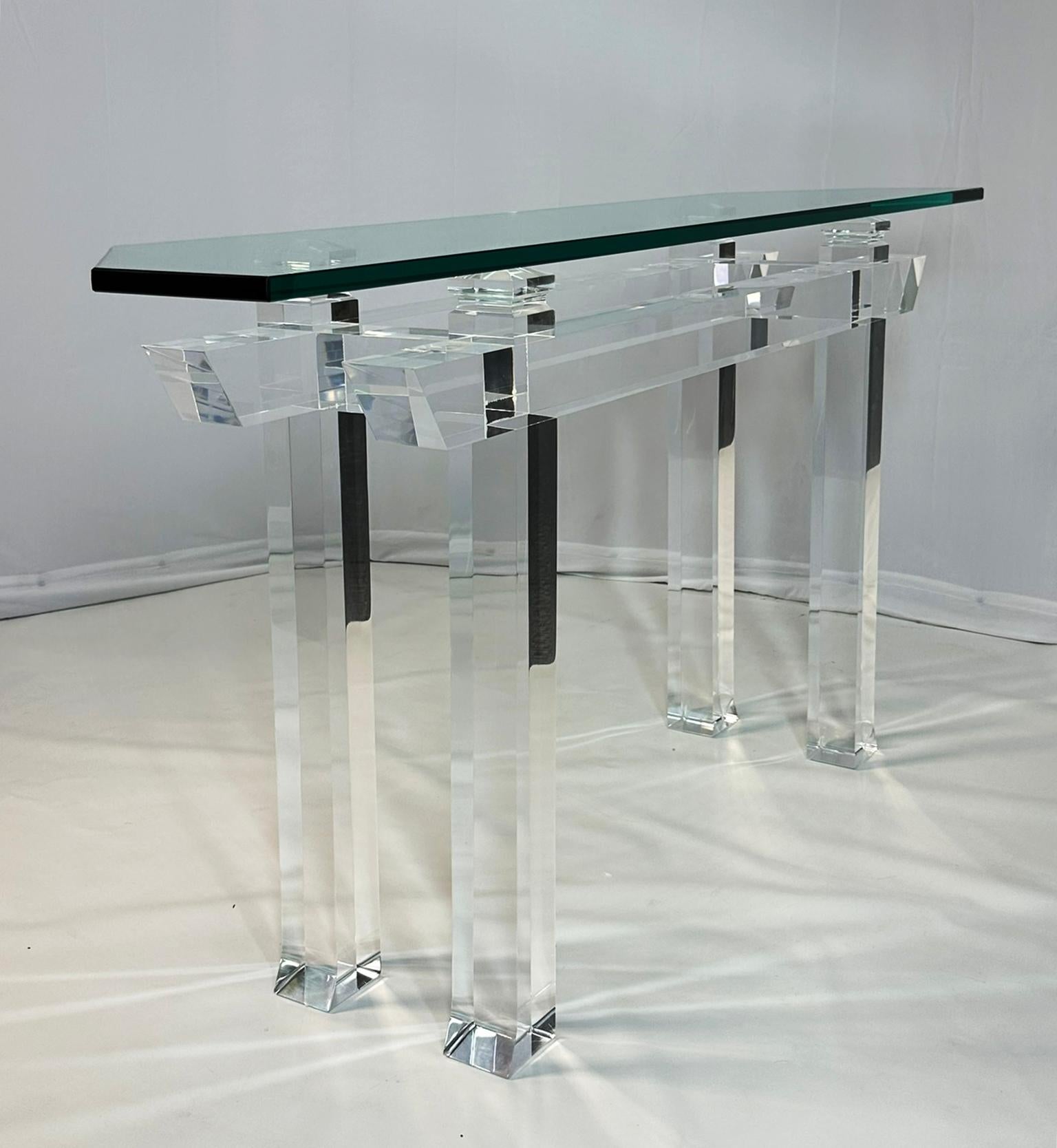 Pagoda Console Table in Solid Lucite & Glass Top by Charles Hollis Jones 6