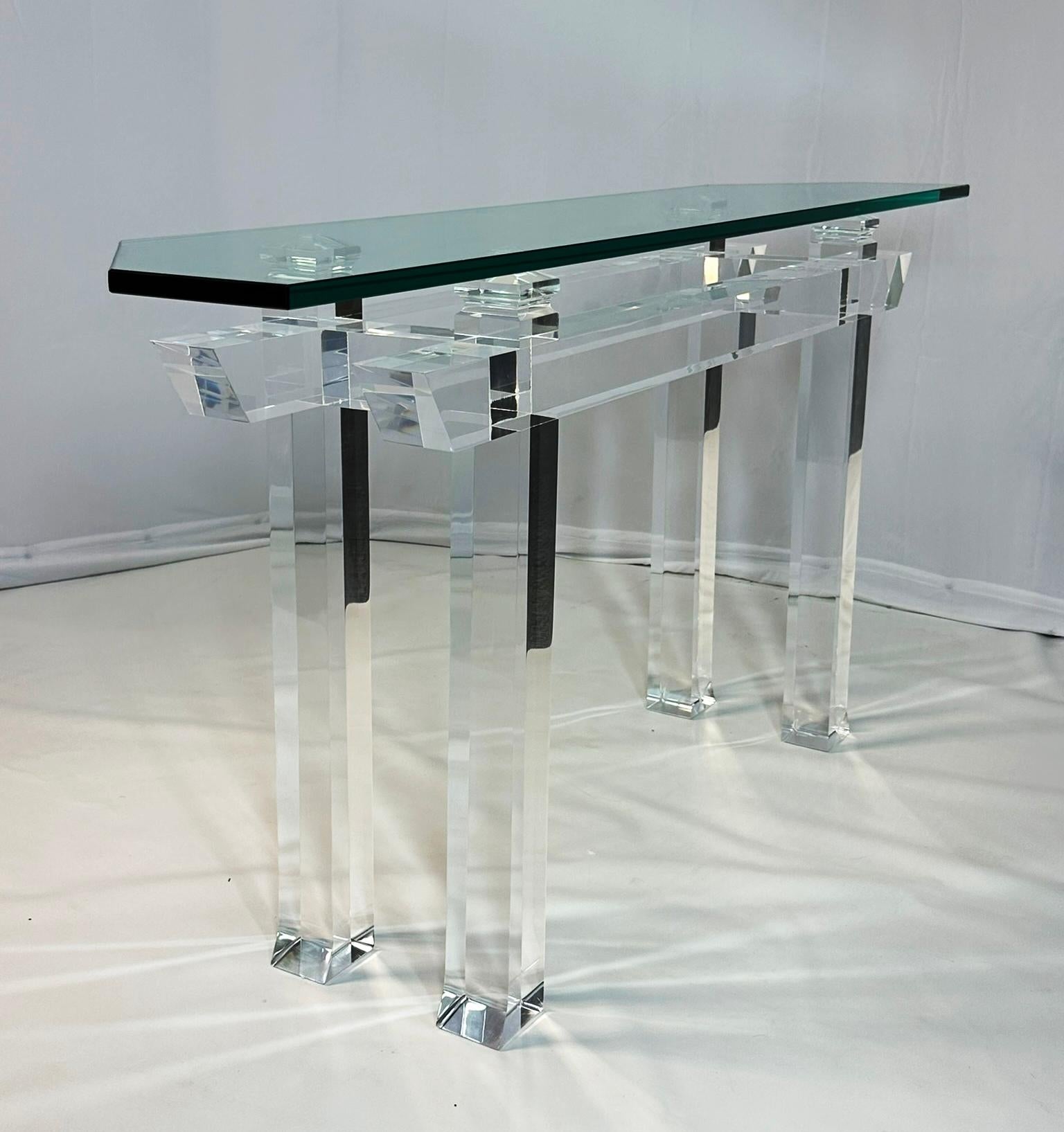 Pagoda Console Table in Solid Lucite & Glass Top by Charles Hollis Jones 7
