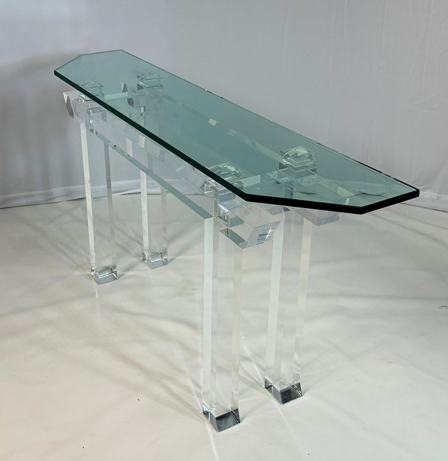 Pagoda Console Table in Solid Lucite & Glass Top by Charles Hollis Jones 9