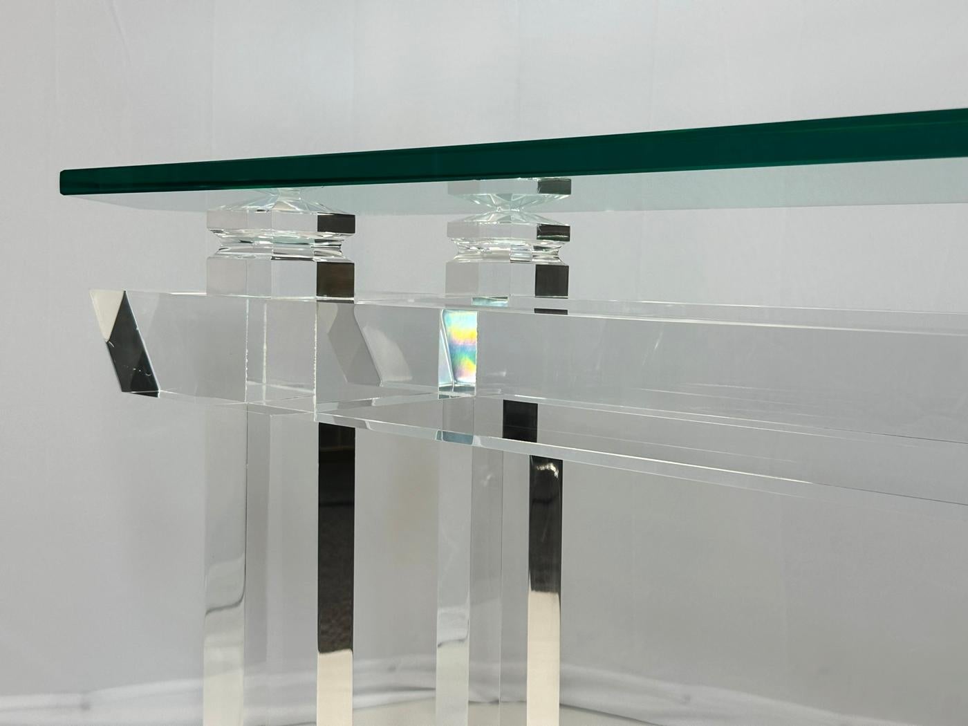 Pagoda Console Table in Solid Lucite & Glass Top by Charles Hollis Jones 11
