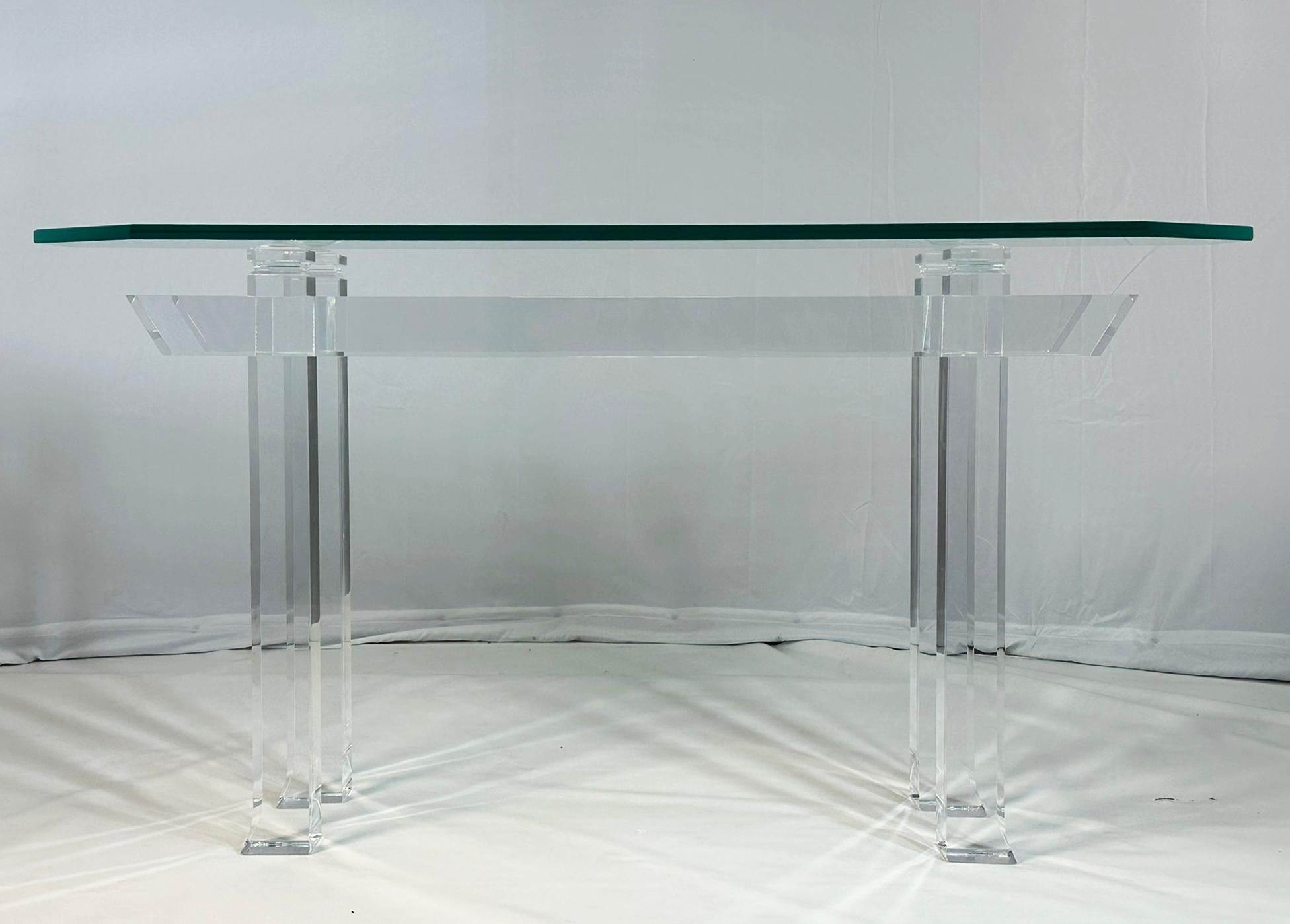 Mid-Century Modern Pagoda Console Table in Solid Lucite & Glass Top by Charles Hollis Jones
