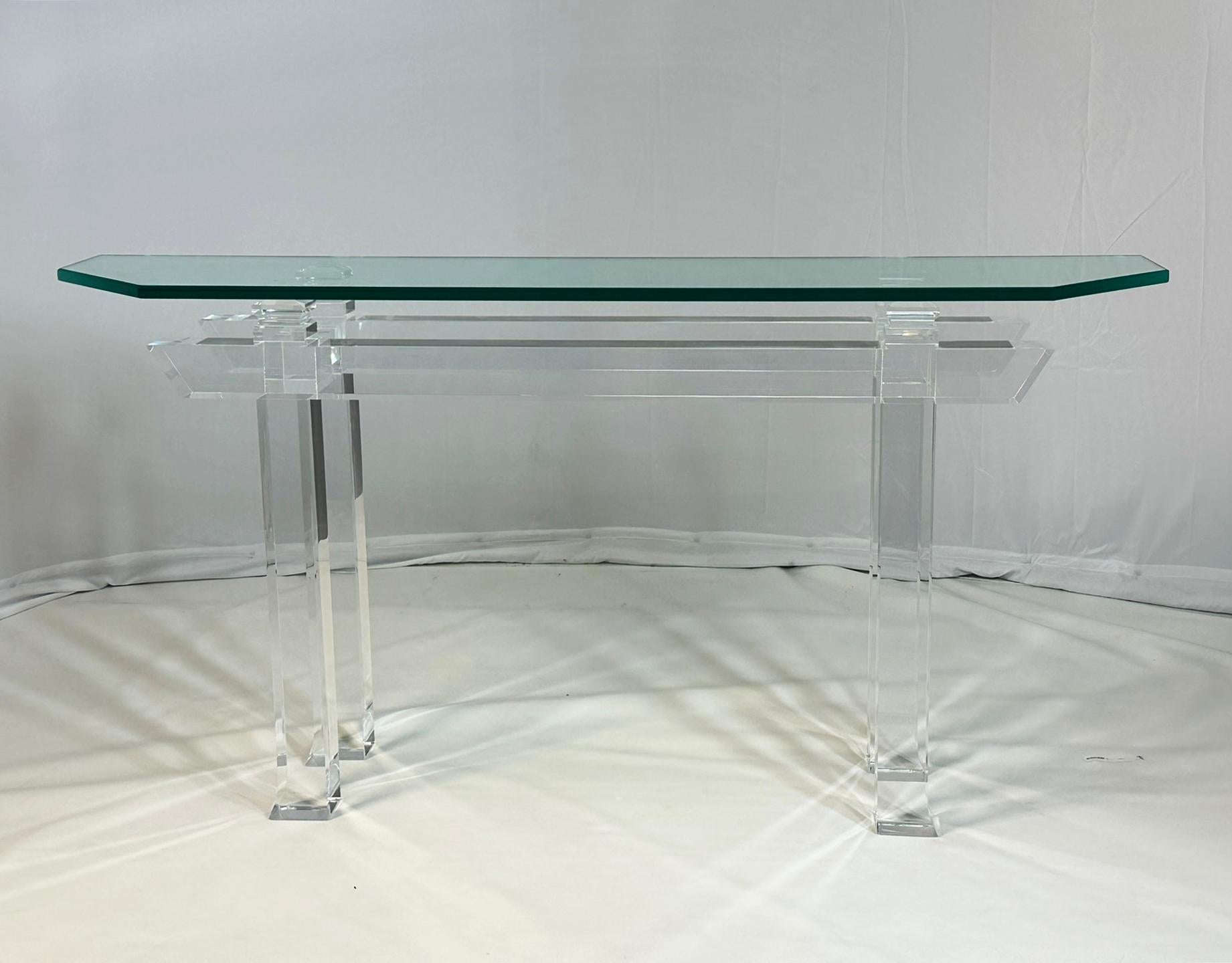 American Pagoda Console Table in Solid Lucite & Glass Top by Charles Hollis Jones