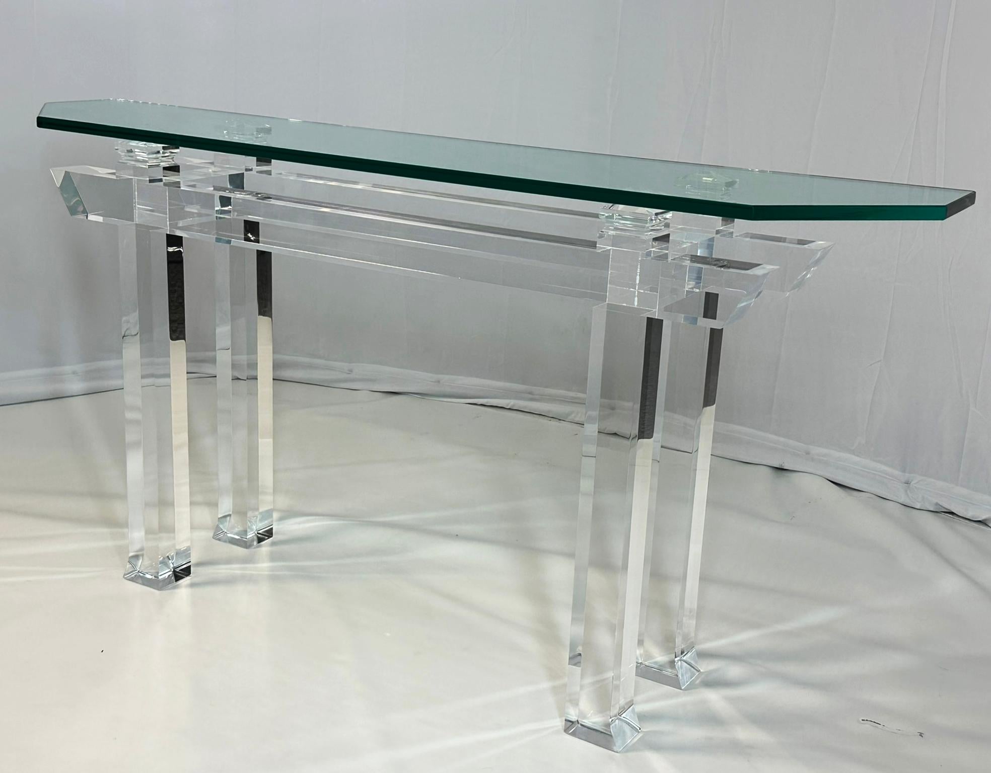 Hand-Crafted Pagoda Console Table in Solid Lucite & Glass Top by Charles Hollis Jones
