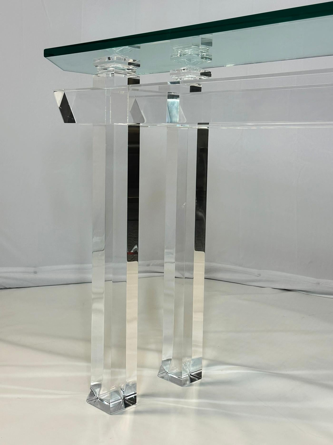 Pagoda Console Table in Solid Lucite & Glass Top by Charles Hollis Jones In Good Condition In Los Angeles, CA