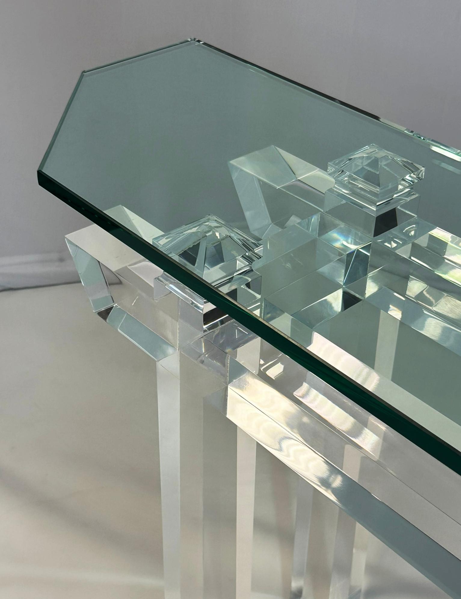 Pagoda Console Table in Solid Lucite & Glass Top by Charles Hollis Jones 1