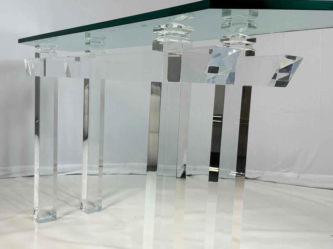 Pagoda Console Table in Solid Lucite & Glass Top by Charles Hollis Jones 2