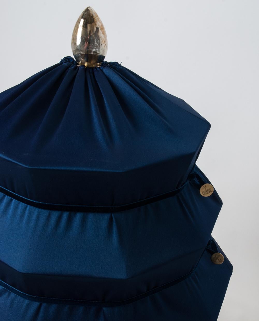 Modern “Pagoda” Contemporary Table Lamp, Blue China Satin Silk Satin Brass
