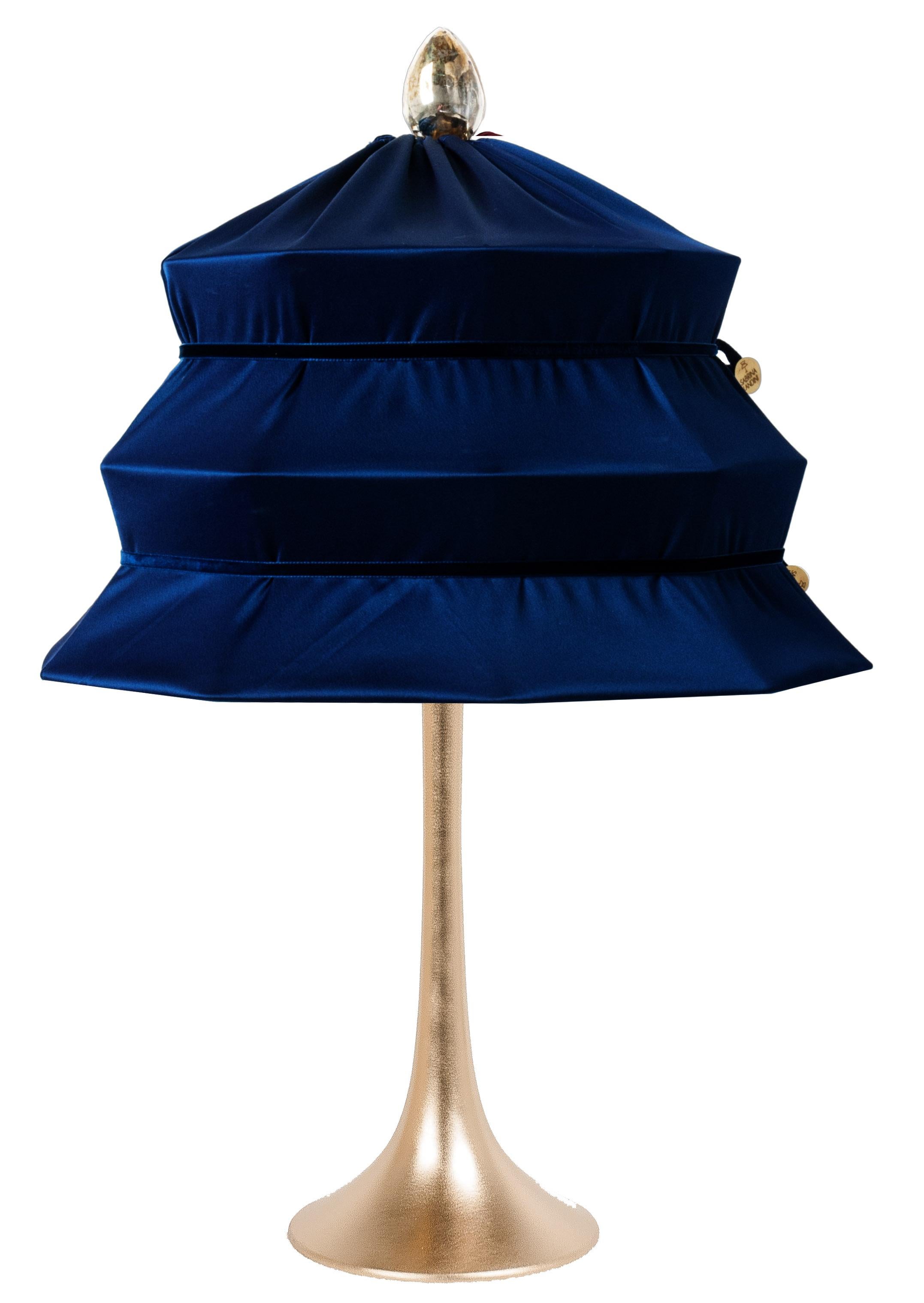 Silvered “Pagoda” Contemporary Table Lamp, Blue China Satin Silk Satin Brass