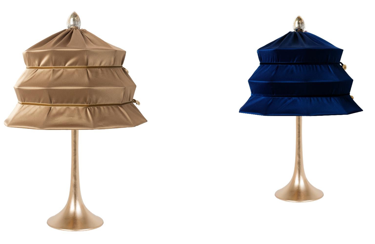 “Pagoda” Contemporary Table Lamp, Blue China Satin Silk Satin Brass In New Condition In Pietrasanta, IT