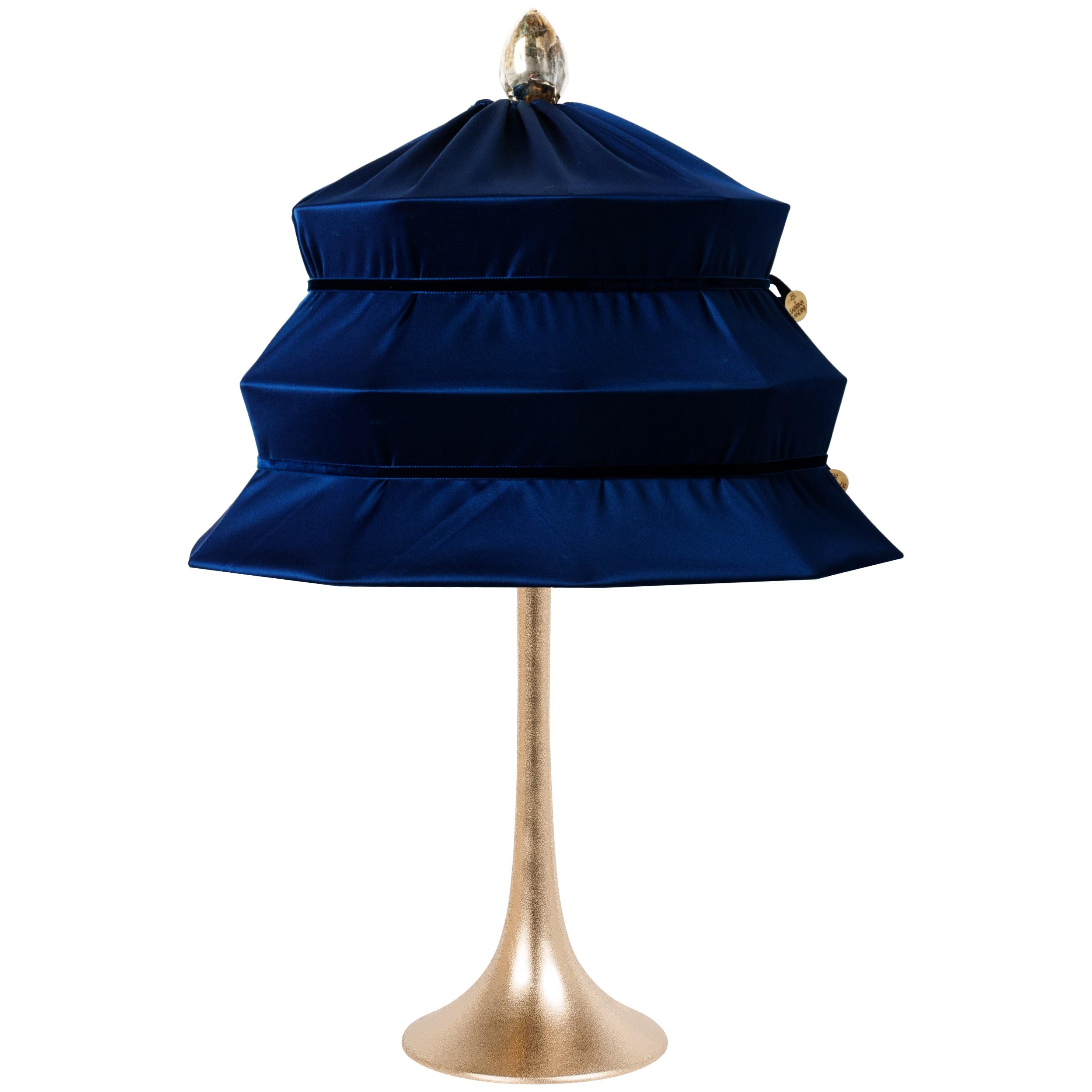 “Pagoda” Contemporary Table Lamp, Blue China Satin Silk Satin Brass