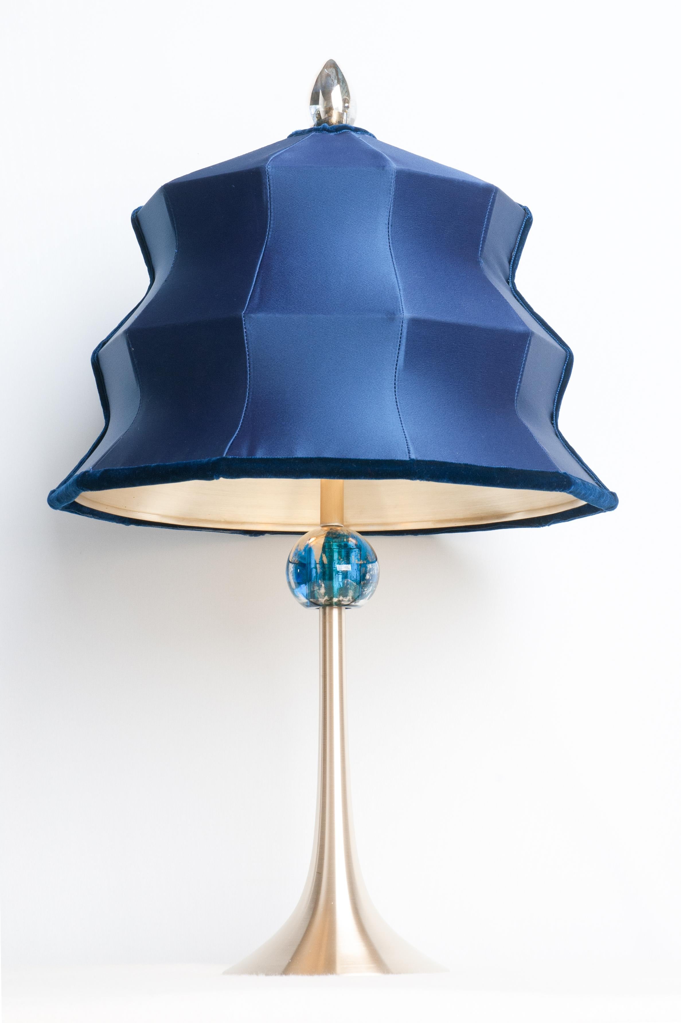 Modern “Pagoda” Contemporary Table Lamp, Blue China Satin Silk, Silvered Crystal