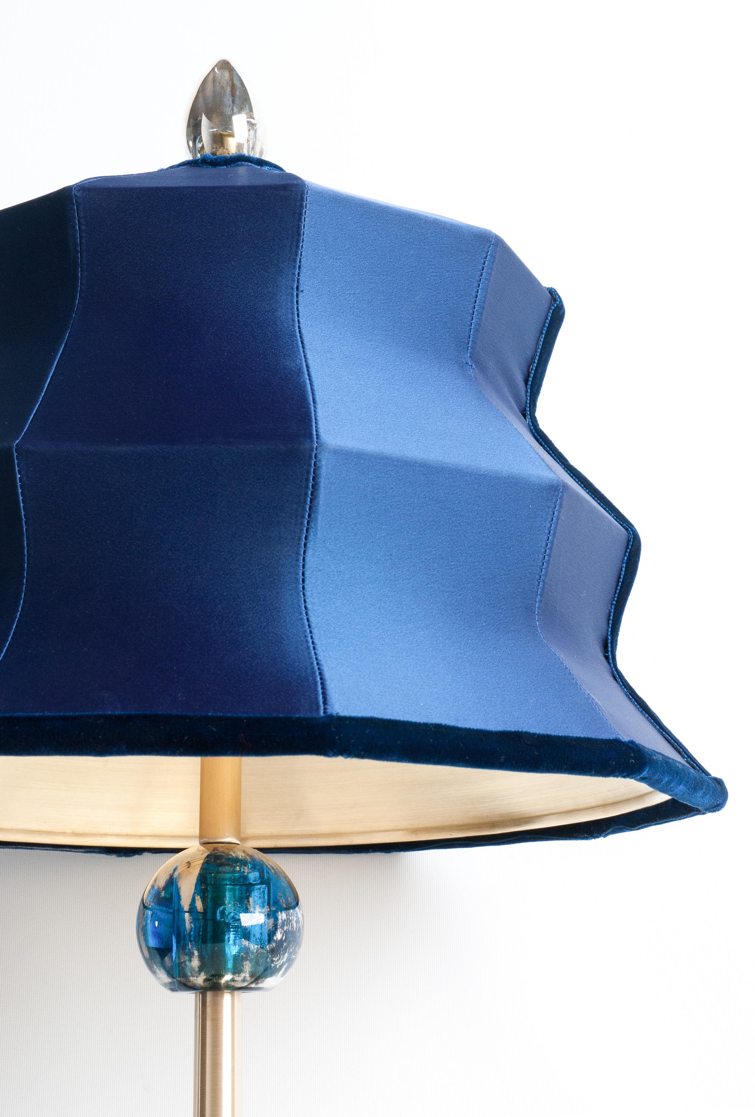 Italian “Pagoda” Contemporary Table Lamp, Blue China Satin Silk, Silvered Crystal