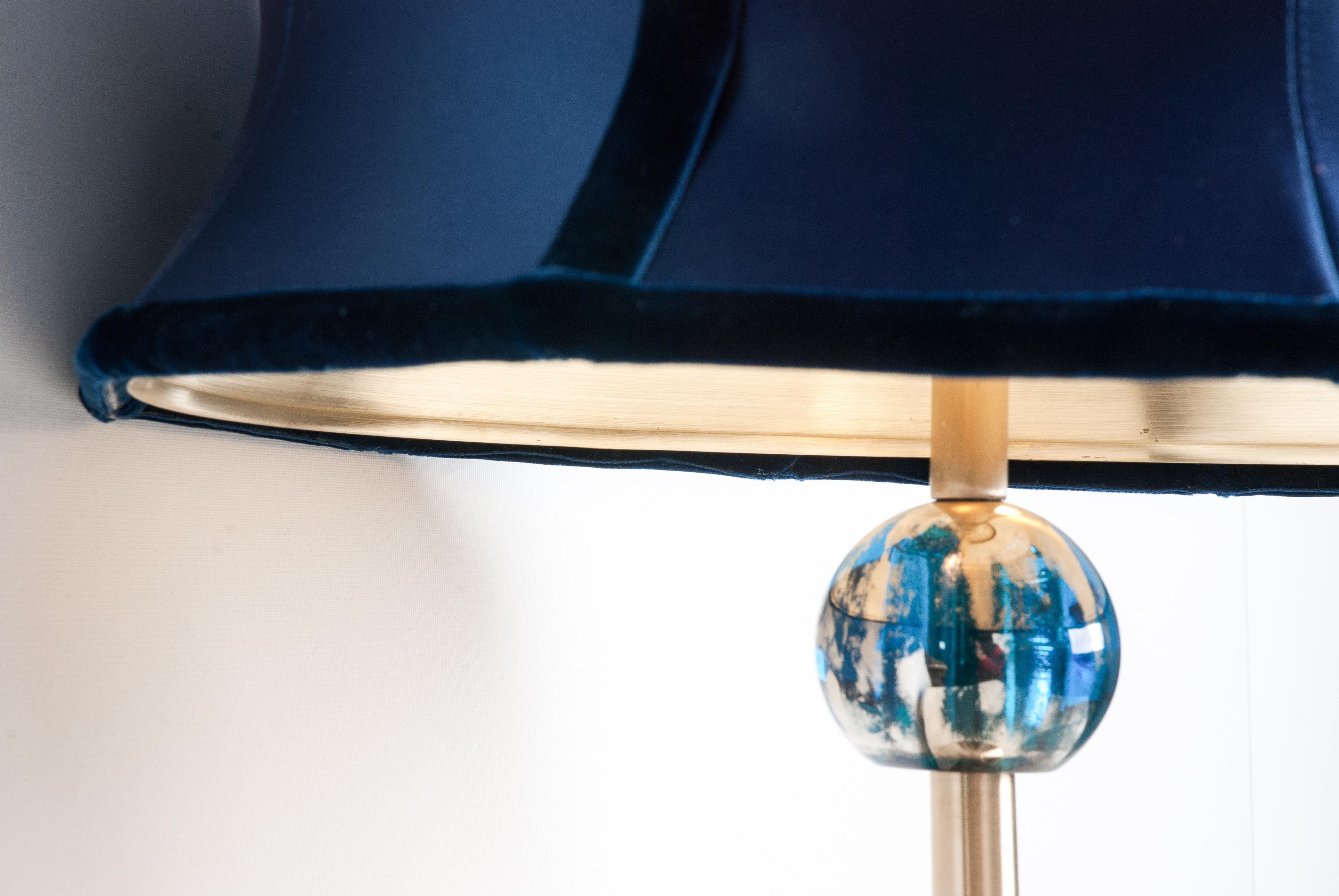 Brass “Pagoda” Contemporary Table Lamp, Blue China Satin Silk, Silvered Crystal