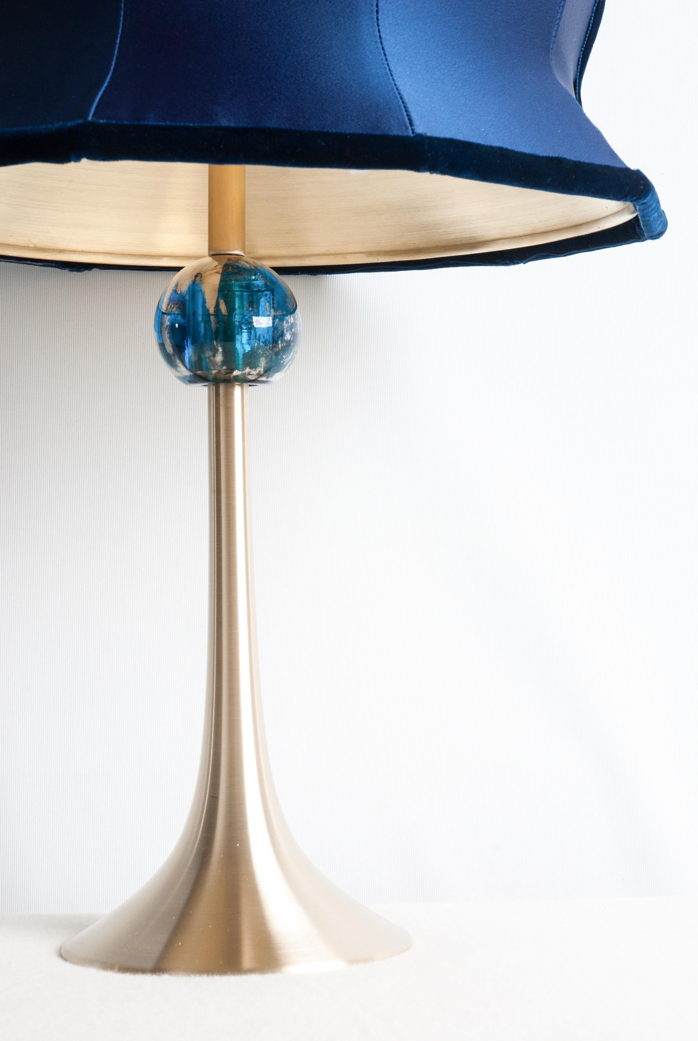 “Pagoda” Contemporary Table Lamp, Blue China Satin Silk, Silvered Crystal 1