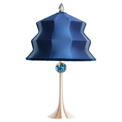 “Pagoda” Contemporary Table Lamp, Blue China Satin Silk, Silvered Crystal