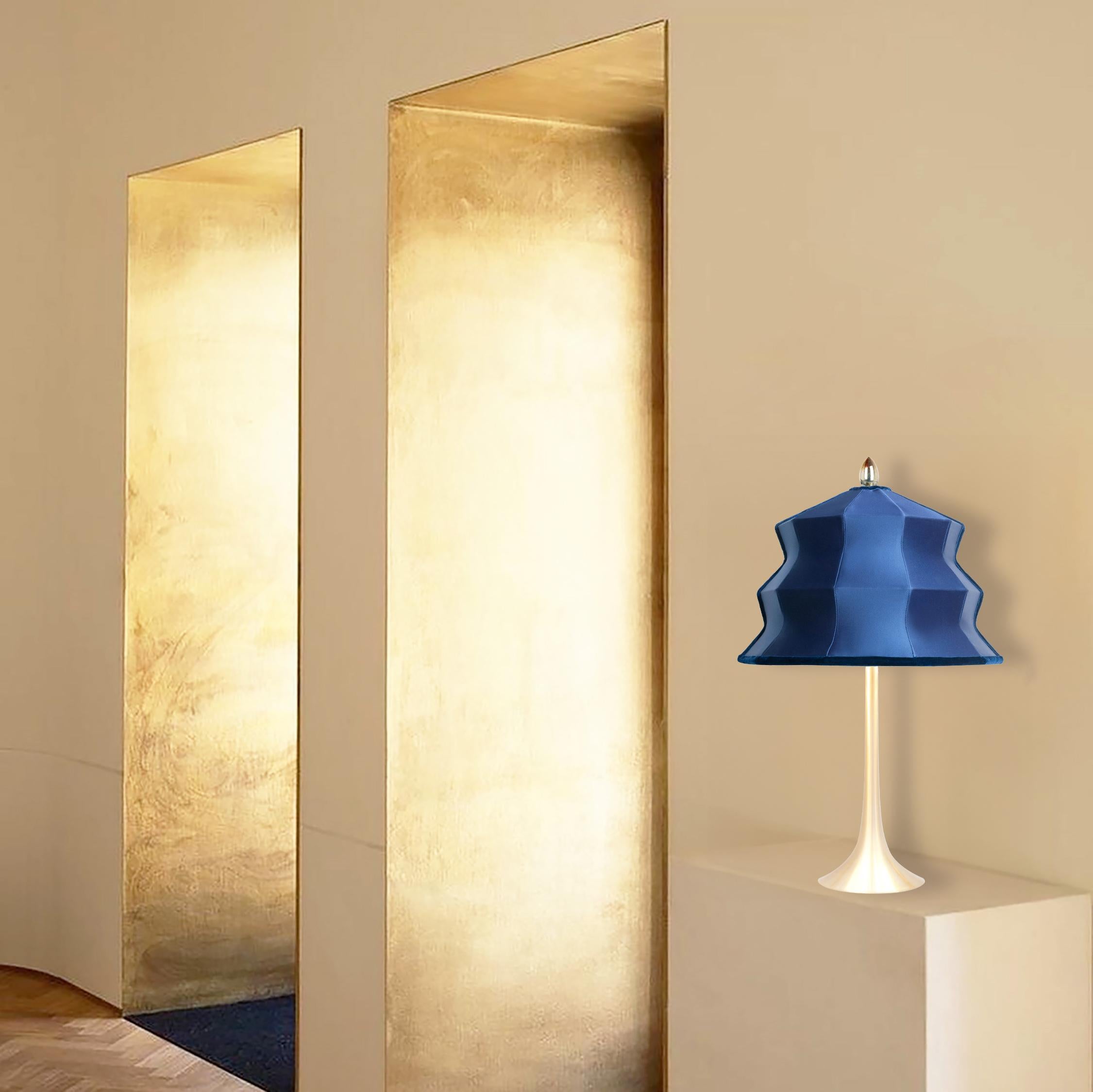 Brass “Pagoda” Contemporary Table Lamp, Blue Satin Silk, Silvered Crystal For Sale