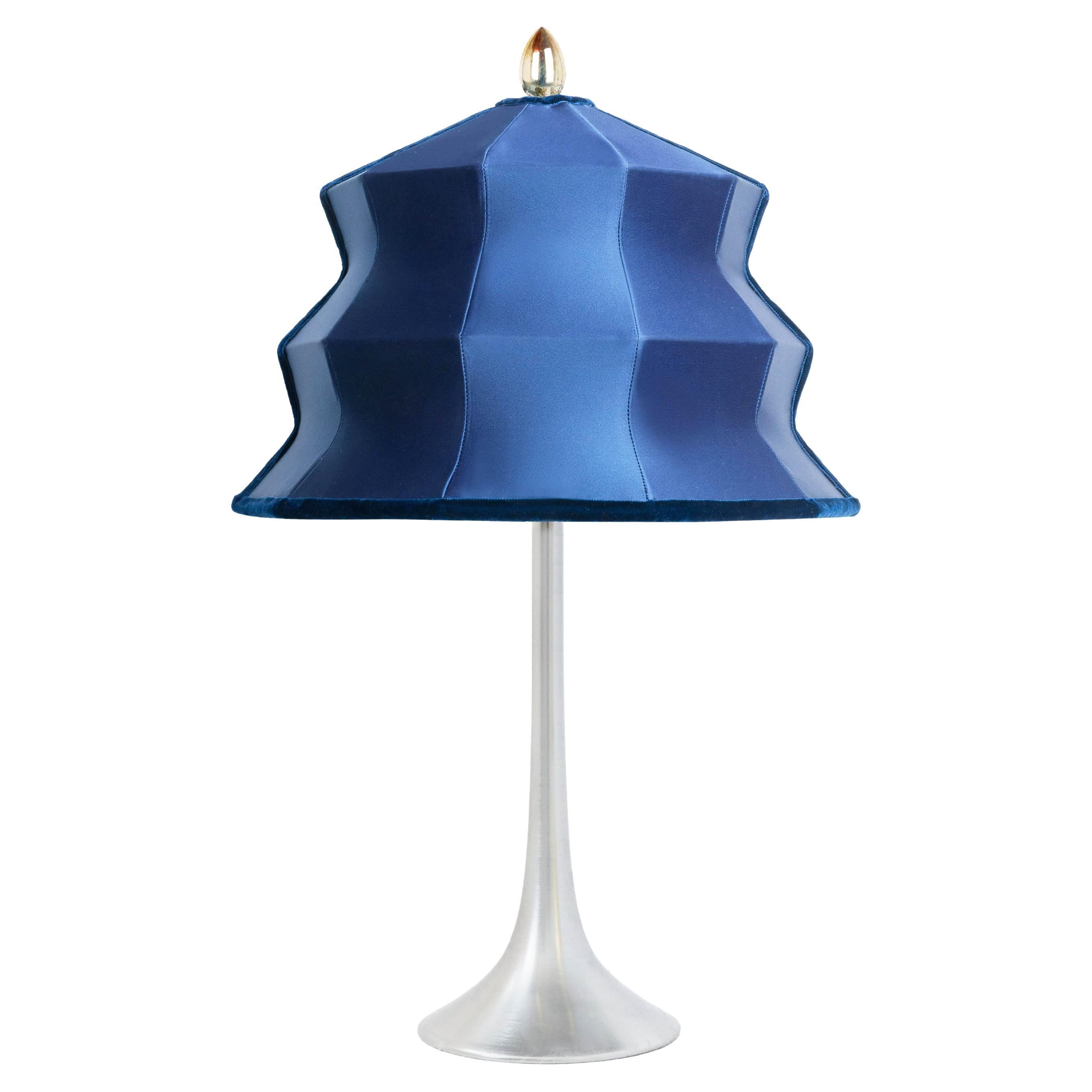 “Pagoda” Contemporary Table Lamp, Blue Satin Silk, Silvered Crystal