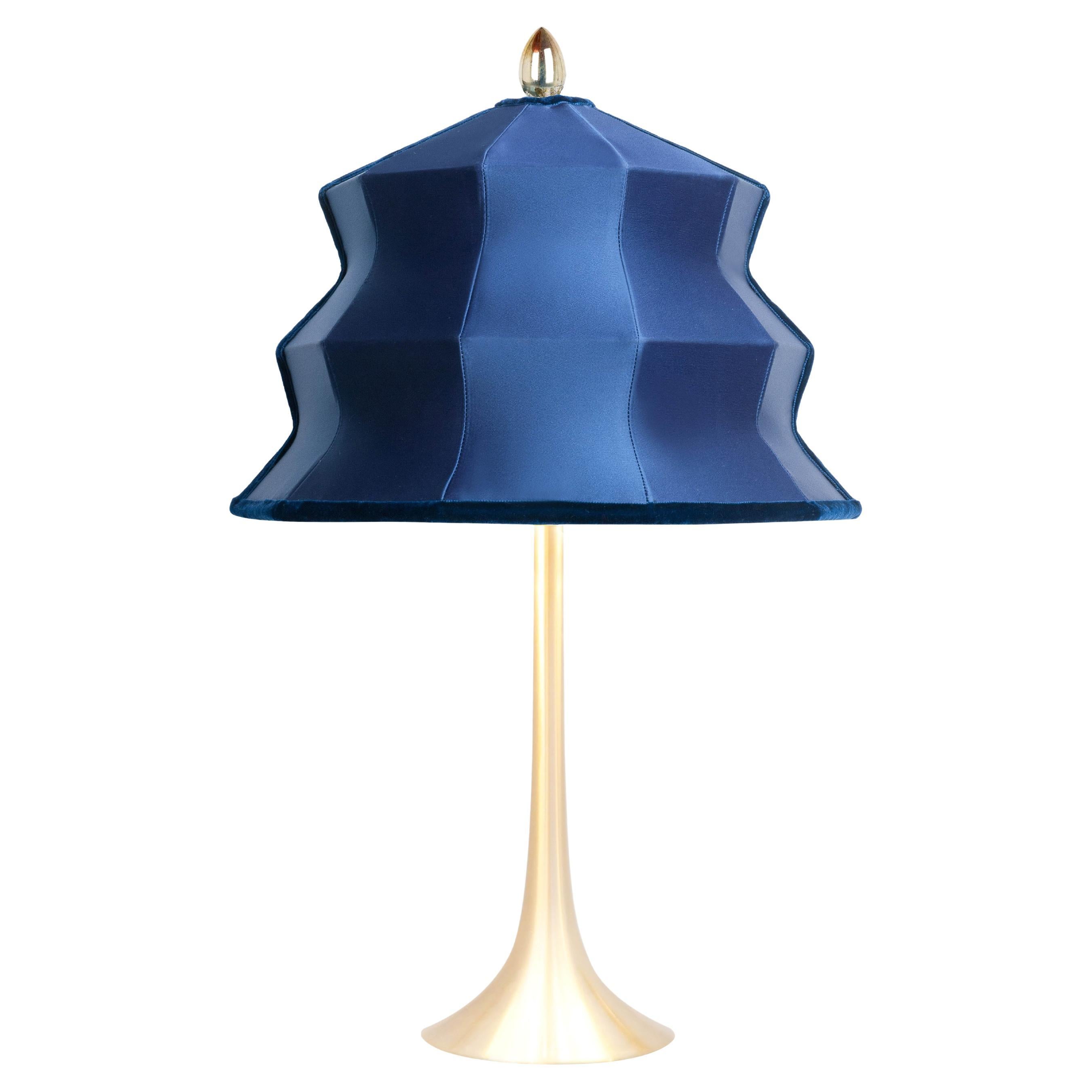 “Pagoda” Contemporary Table Lamp, Blue Satin Silk, Silvered Crystal For Sale