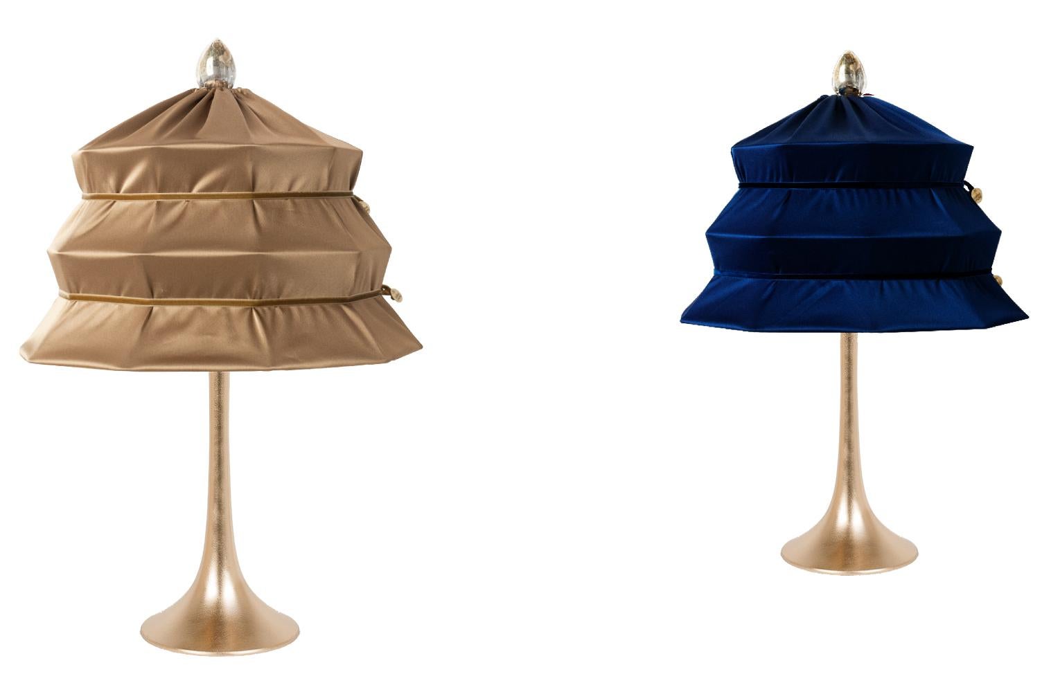Modern “Pagoda” Contemporary Table Lamp, Bronze Satin Silk Satin Brass