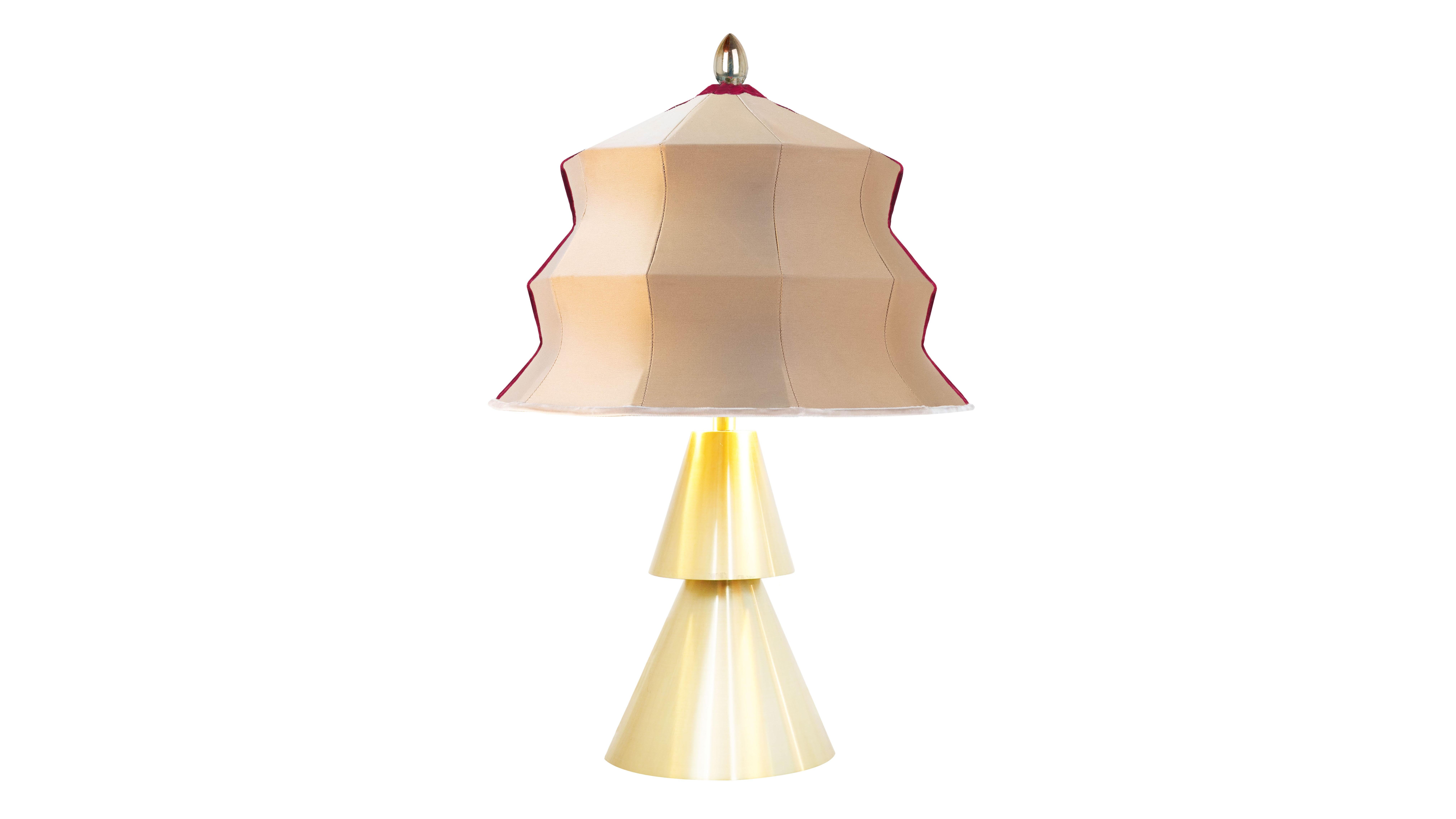 Italian “Pagoda” contemporary Table Lamp, gold silk, Silvered Crystal Tip, brass     For Sale
