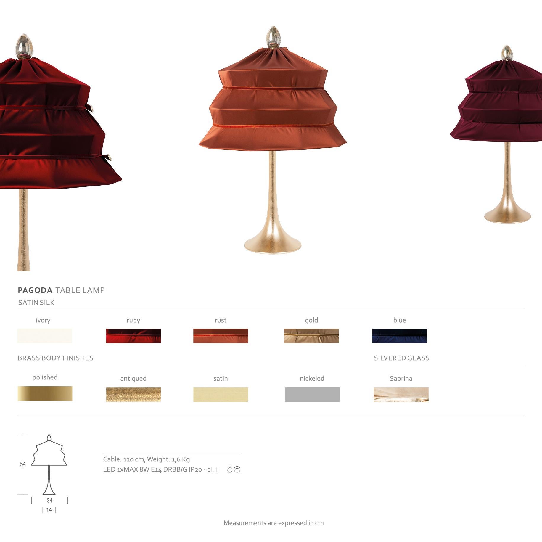Linen “Pagoda” Contemporary Table Lamp, Purple Satin Silk Satin Brass