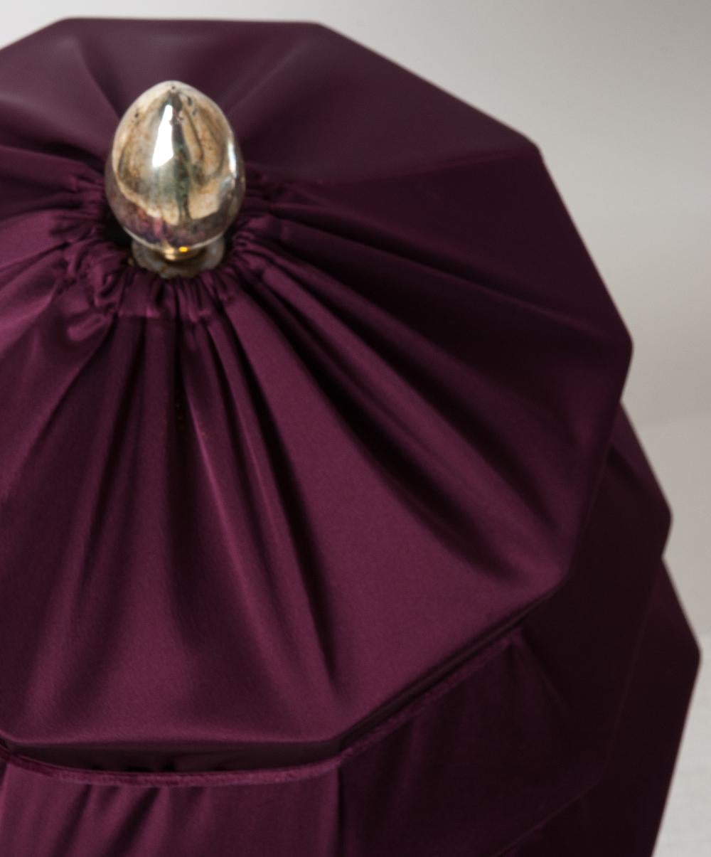 Modern “Pagoda” Contemporary Table Lamp, Purple Satin Silk Satin Brass